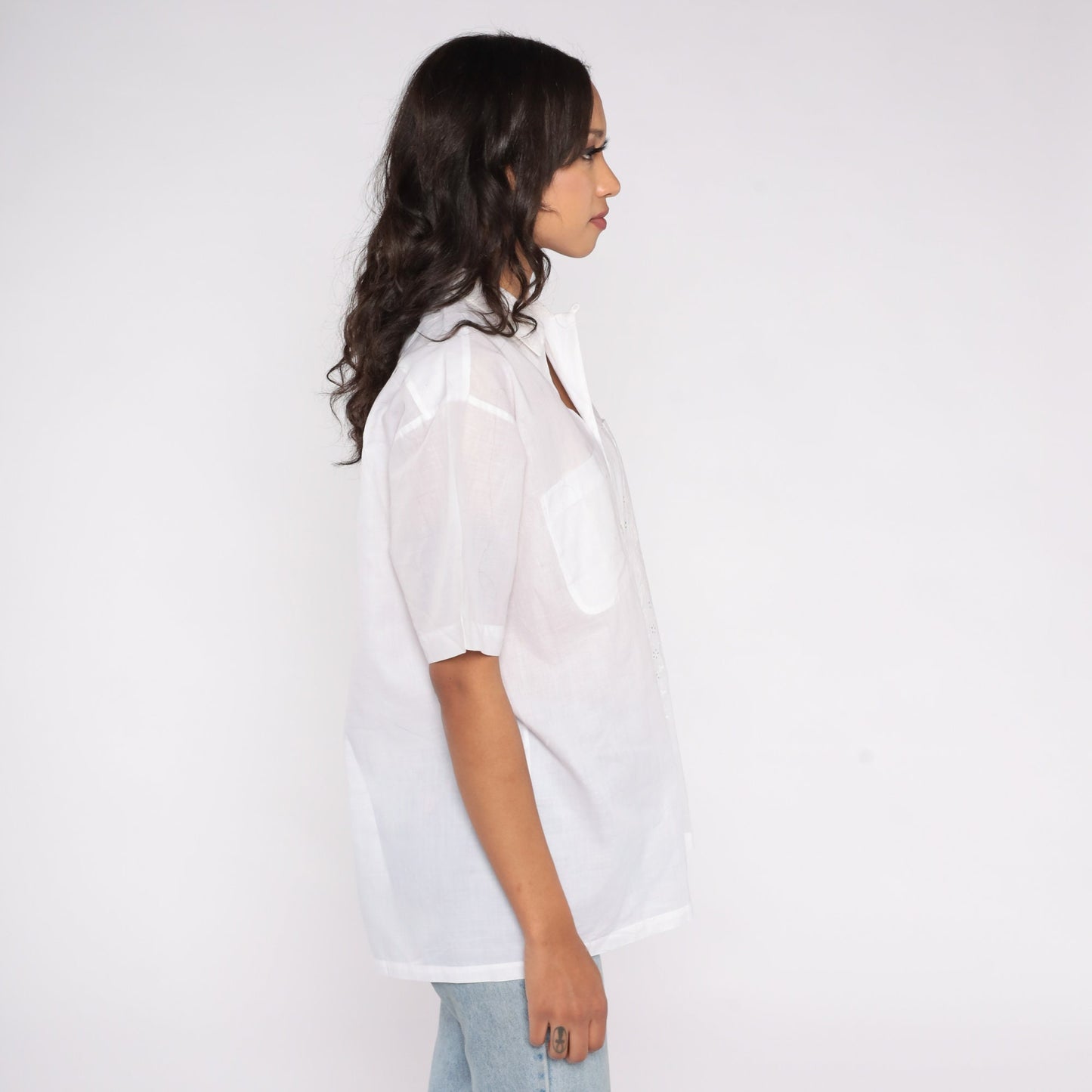 80s Harilelas White Floral Eyelet Cotton Shirt Short Sleeve Men's Medium