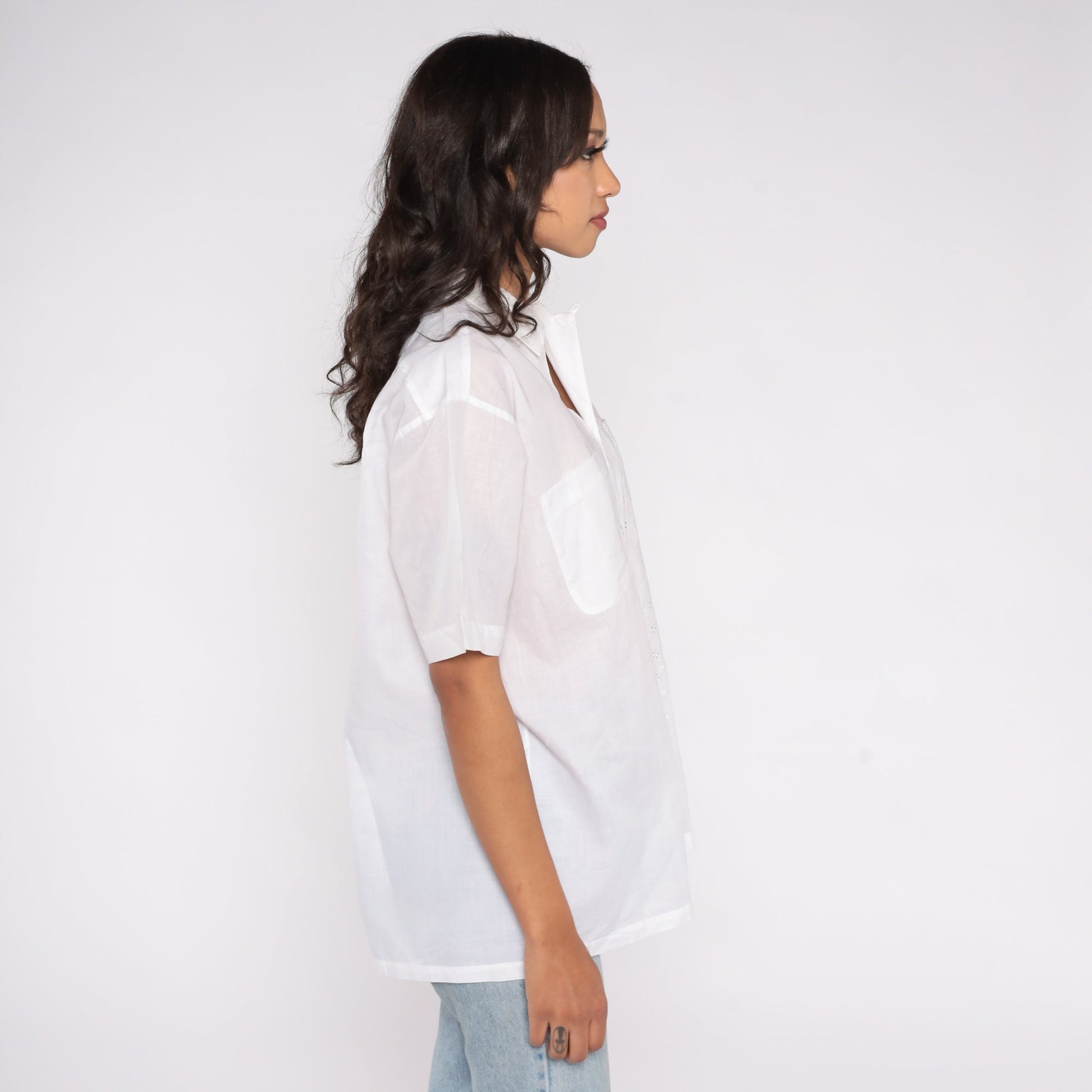 80s Harilelas White Floral Eyelet Cotton Shirt Short Sleeve Men's Medium