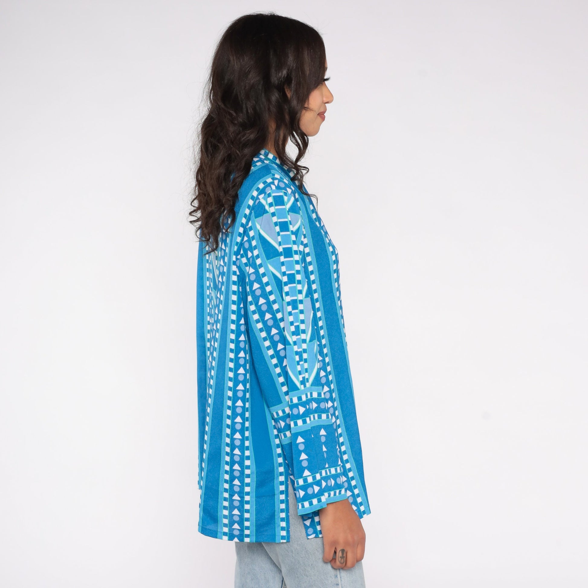 90s Bob Mackie Geometric Print Button-Up Blouse Blue Large