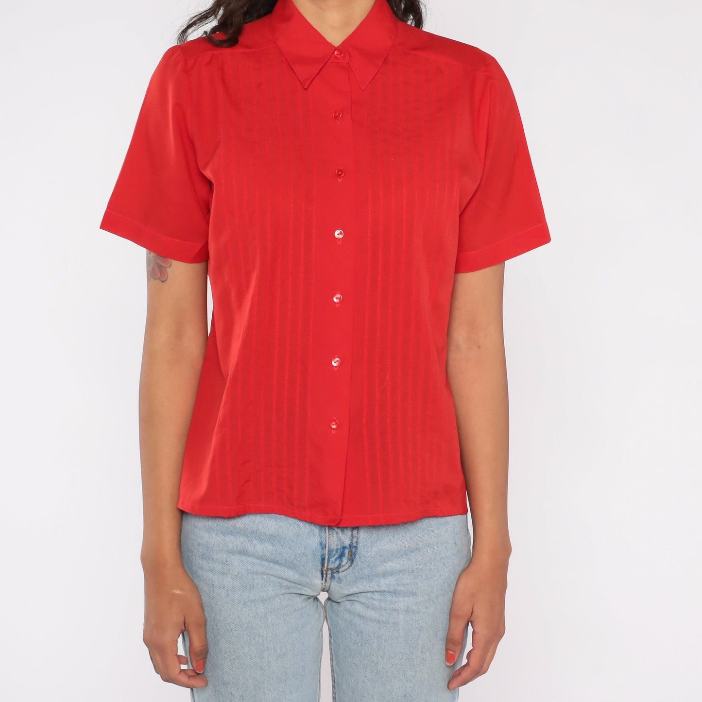 80s Judy Bond Red Button-Up Blouse Pleated Chest Short Sleeve Small S