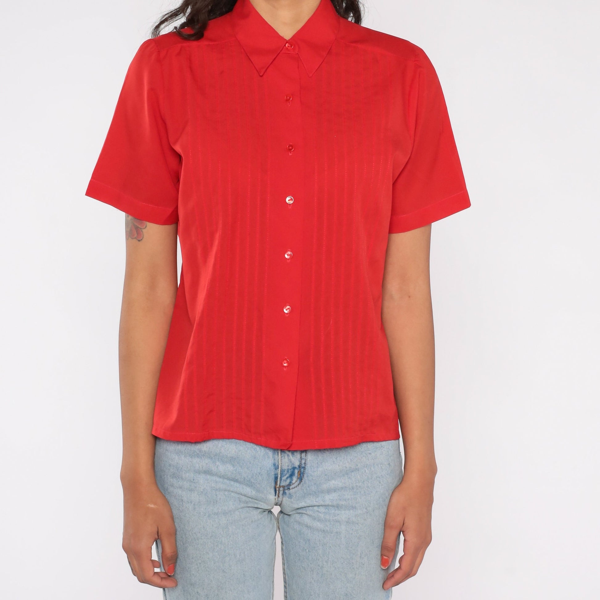 80s Judy Bond Red Button-Up Blouse Pleated Chest Short Sleeve Small S