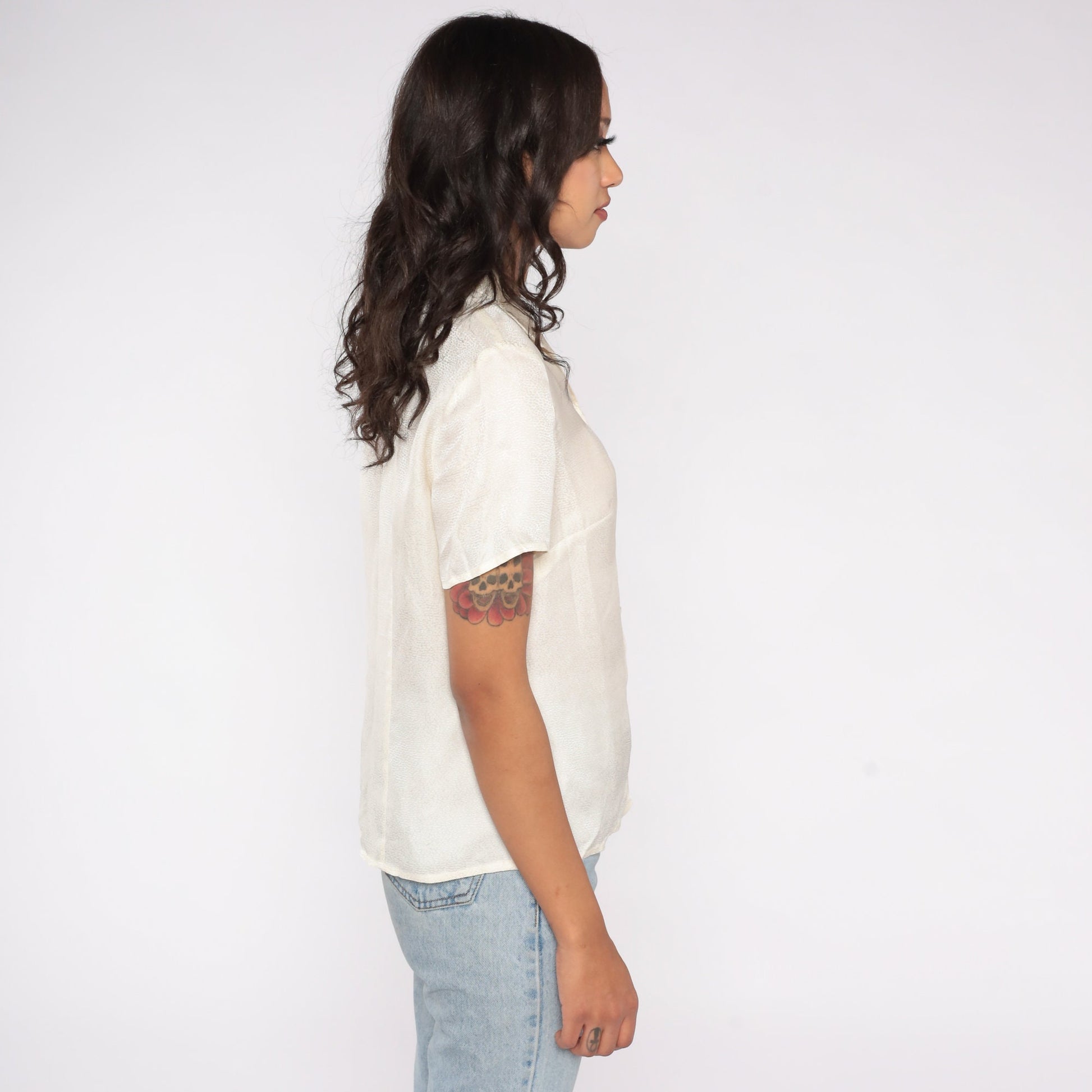 Y2K Liz Claiborne White Snakeskin Print Silk Blouse Short Sleeve Small
