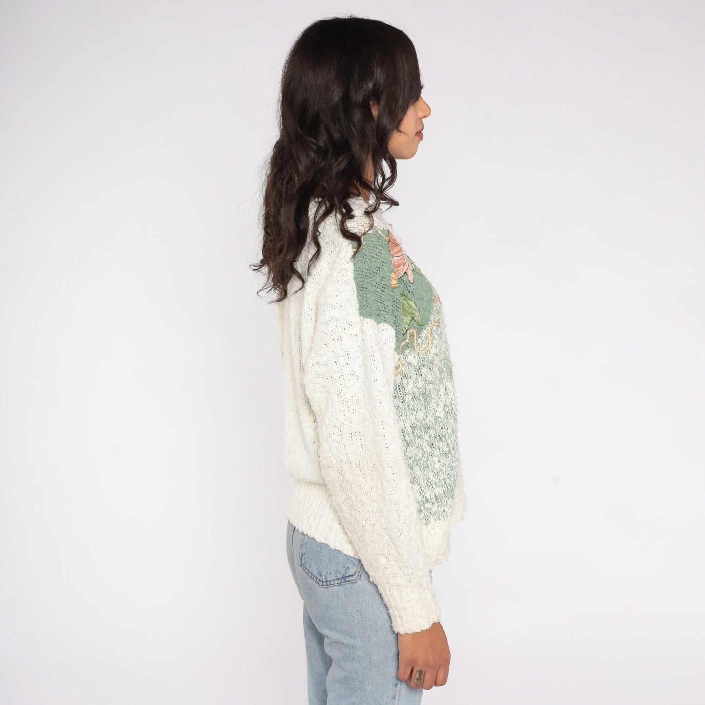 80s Floral Beaded Sweater Off-White Pearl Knit Pullover Large