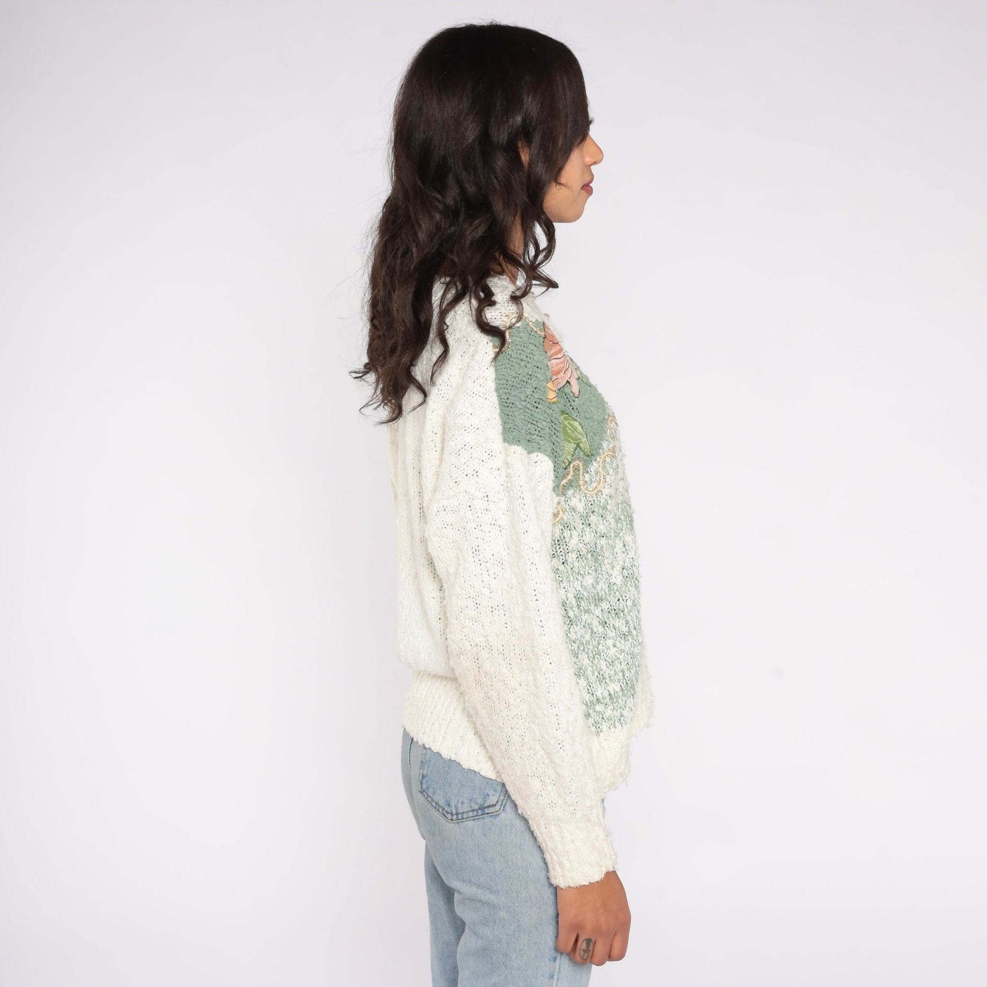 80s Floral Beaded Sweater Off-White Pearl Knit Pullover Large