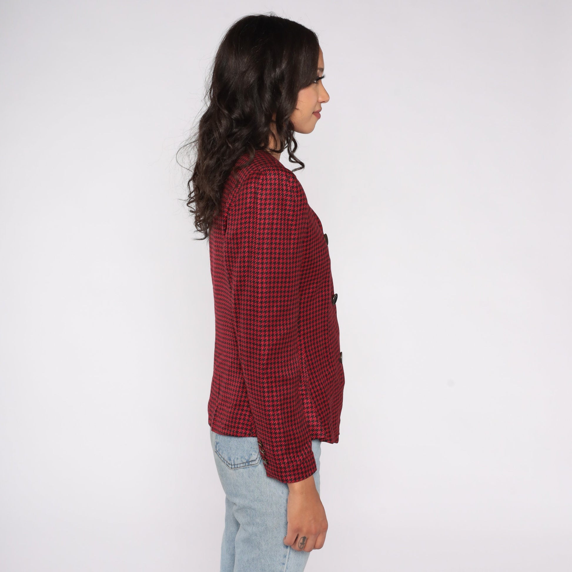 80s Worthington Red Black Houndstooth Blazer Puff Sleeve Tailored Medium