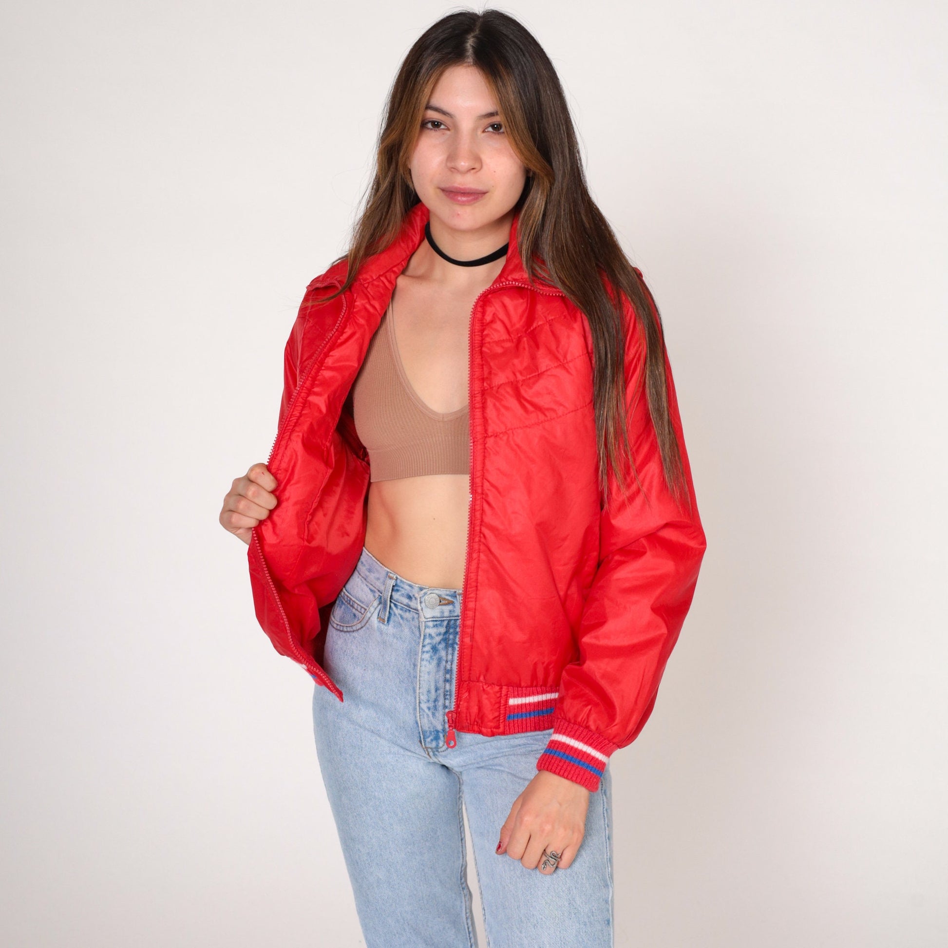 80s Red Quilted Convertible Jacket Zip-Off Sleeves Windbreaker Extra Small