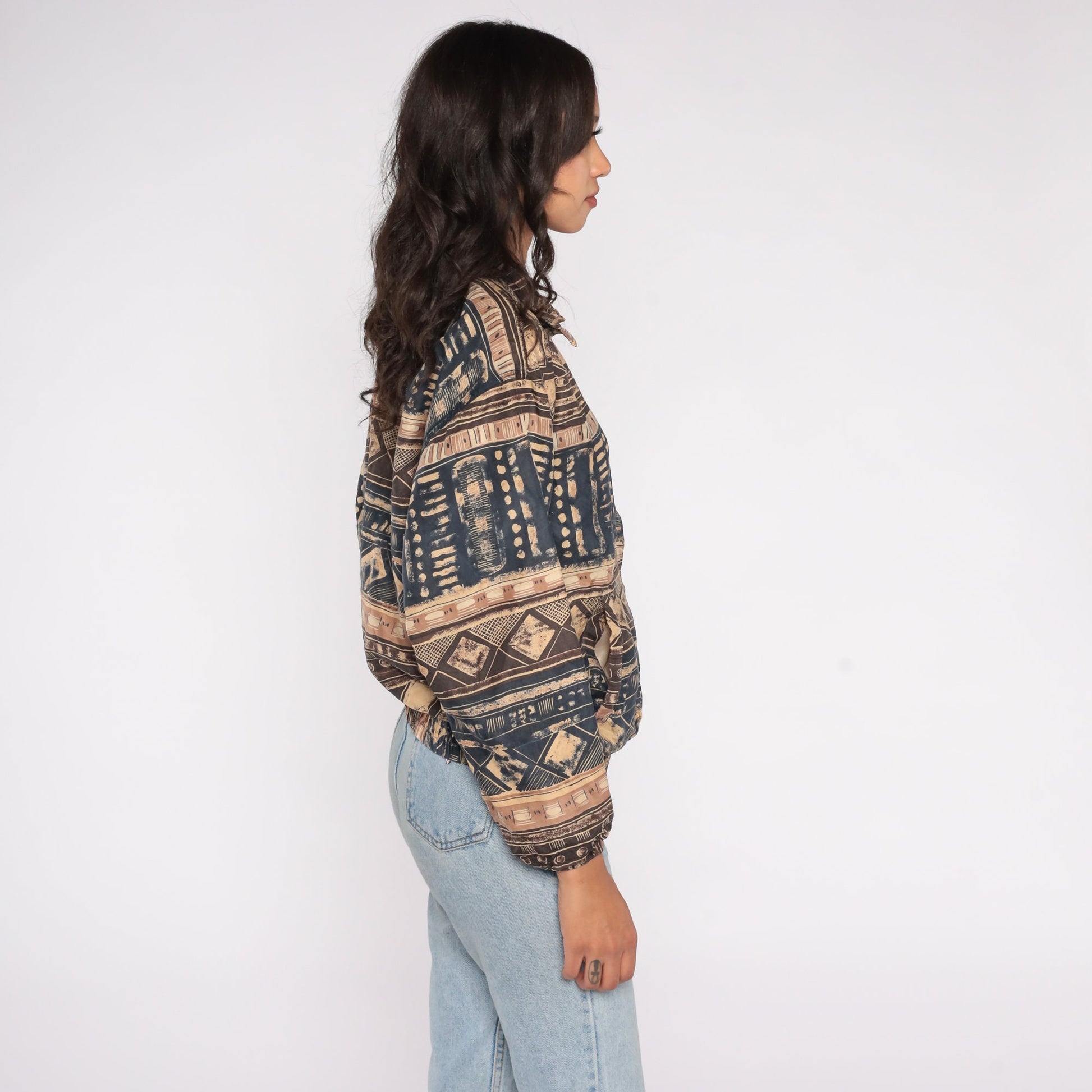 90s East West Silk Windbreaker Geometric Print Zip Jacket Small