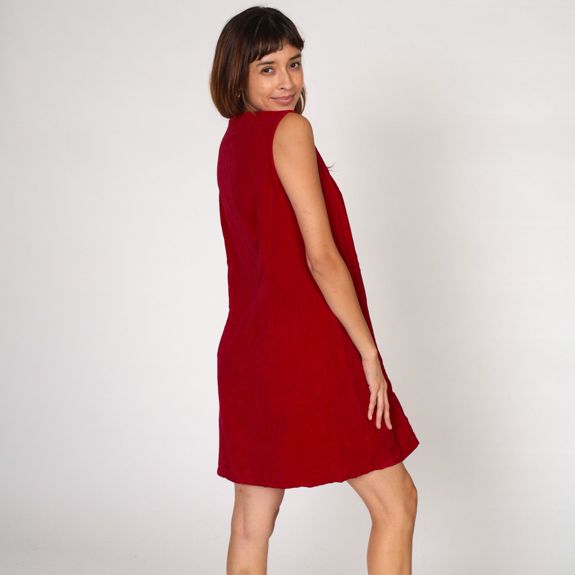 00s Faded Glory Velvet Jumper Dress Red Mini Shift Zip Front Large L
