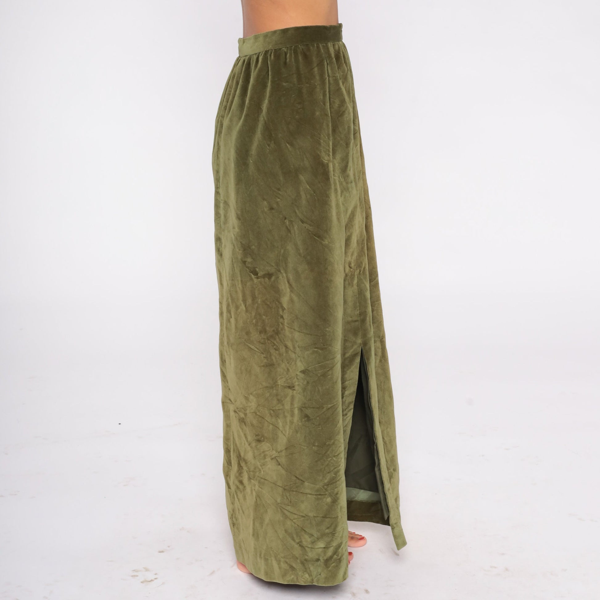 80s Green Velvet Maxi Skirt High Waist Front Slit Small