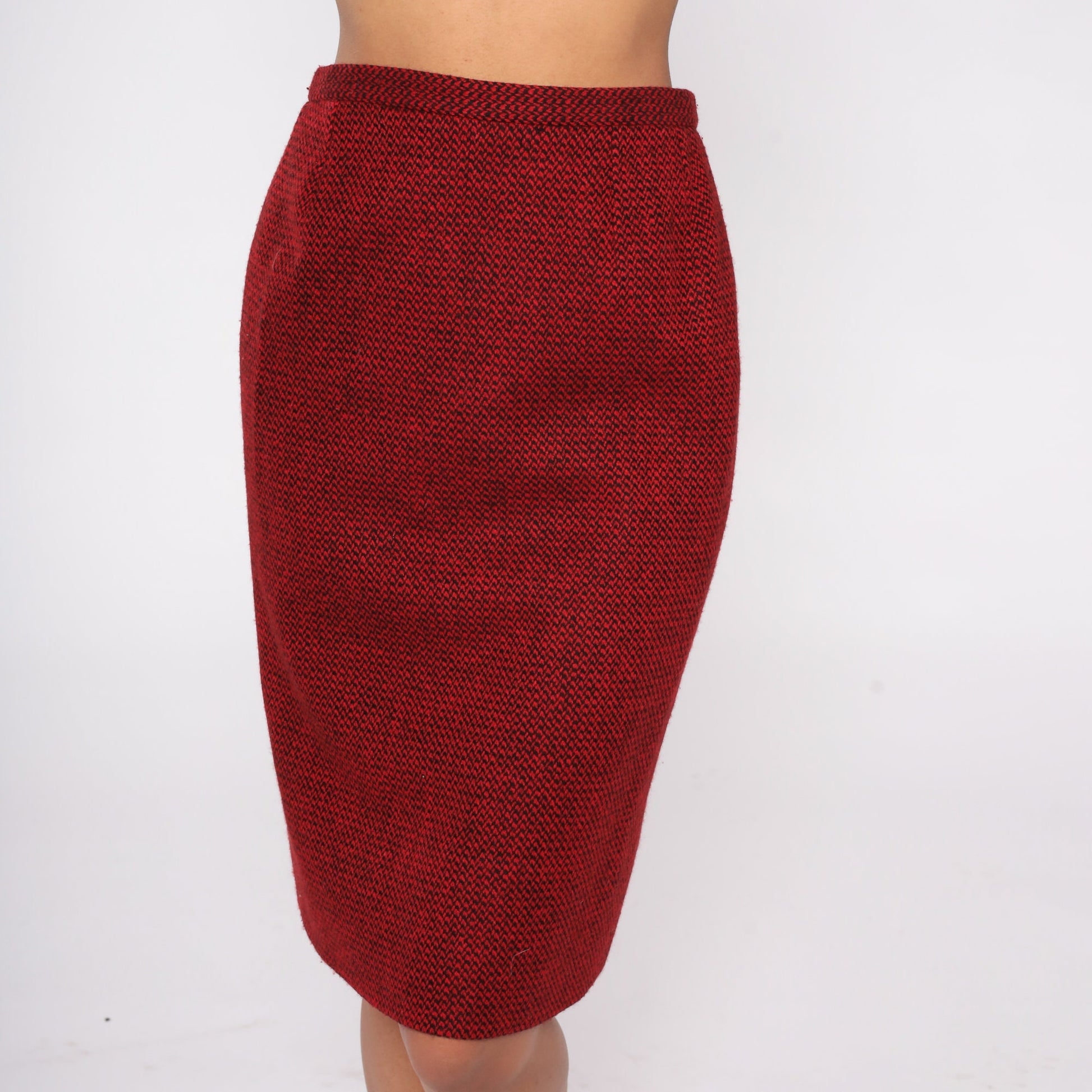 80s Guy LaRoche Wool Cashmere Mini Pencil Skirt Red Black High Waist Small