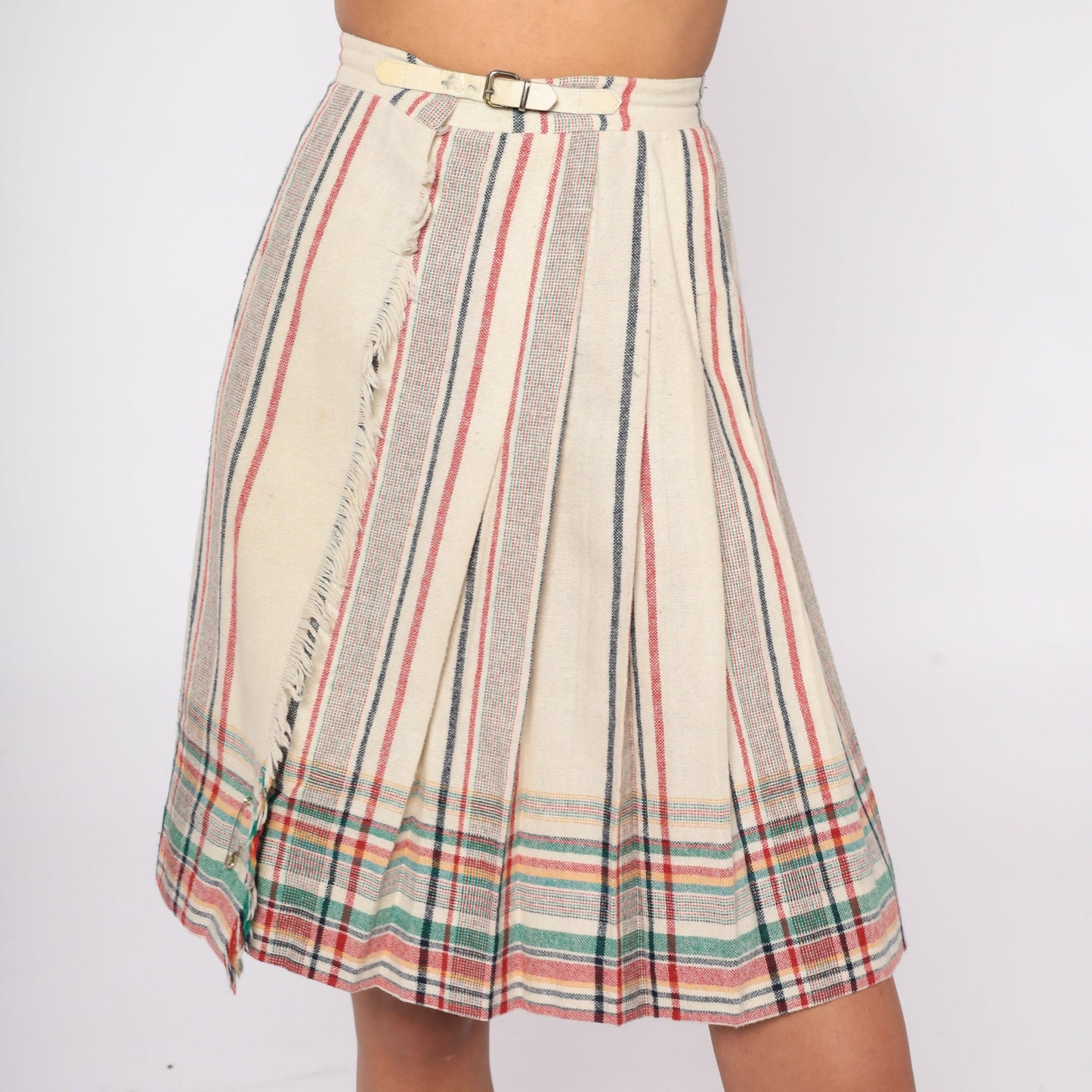 80s Plaid Wool Blend Mini Skirt High Waisted Buckle Strap Pleated XS