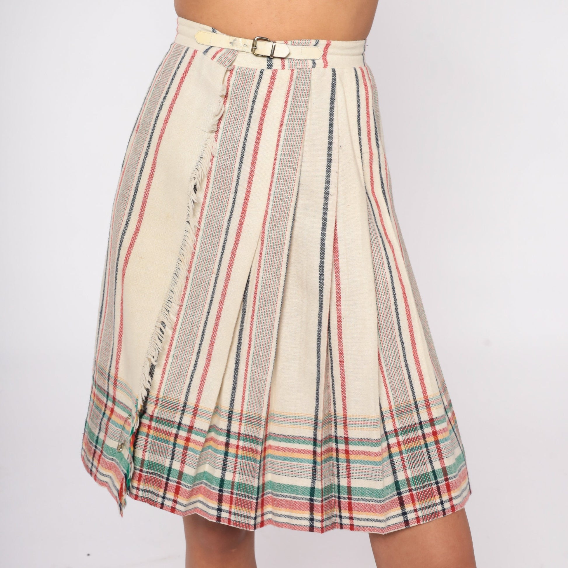 80s Plaid Wool Blend Mini Skirt High Waisted Buckle Strap Pleated XS