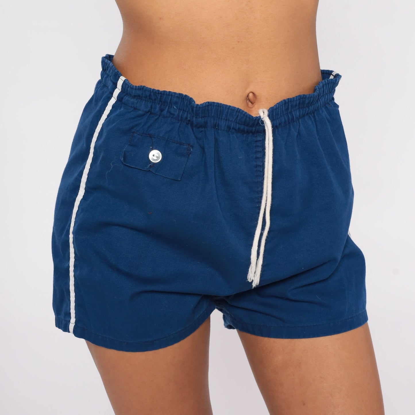 80s Blue Cotton Running Shorts High Rise Drawstring Waist Medium