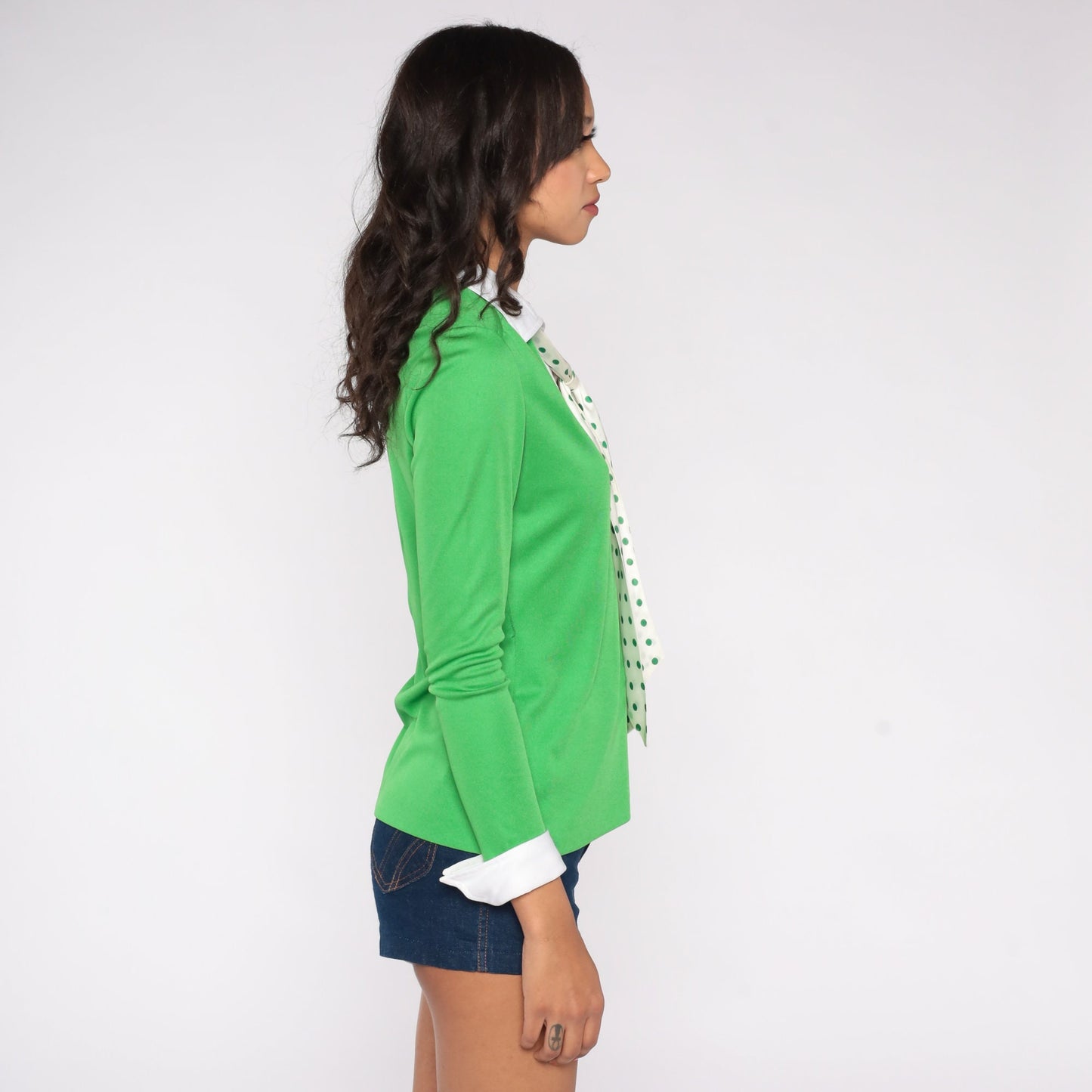 60s R and K Originals Necktie Blouse Green Polka Dot Collared Small