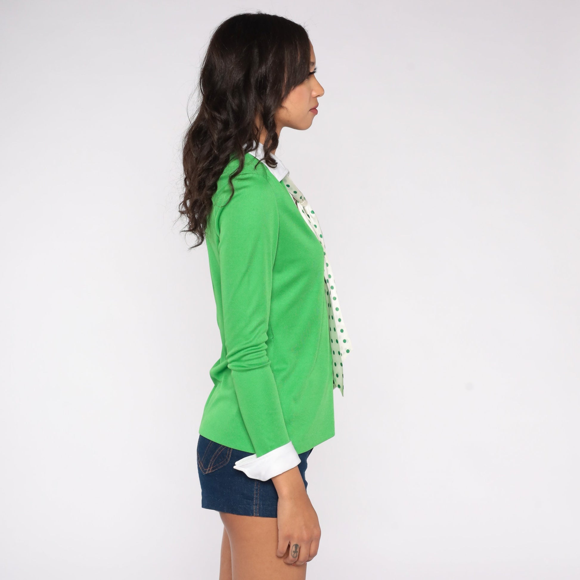 60s R and K Originals Necktie Blouse Green Polka Dot Collared Small