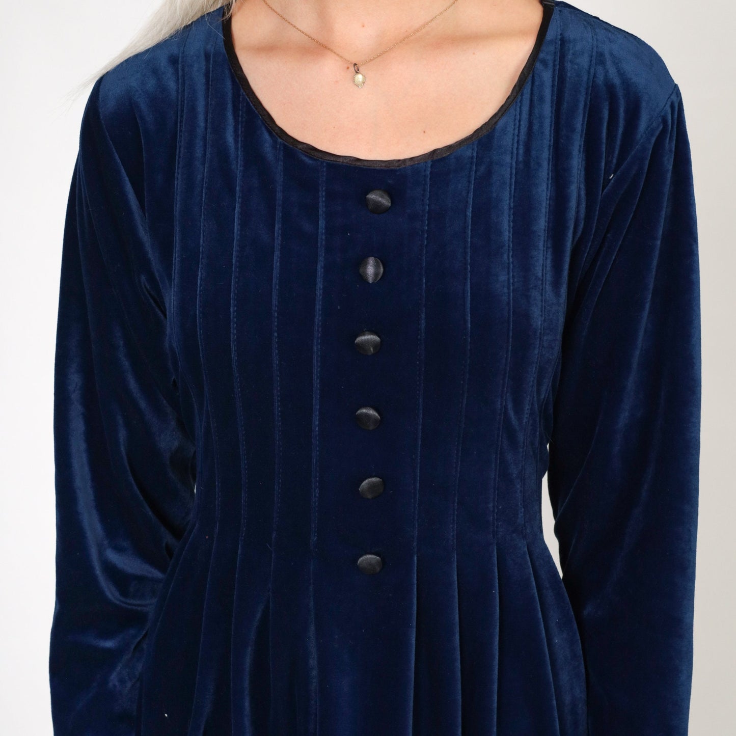 90s Blue Velvet Midi Dress Long Sleeve Button Front Shift Petite Medium