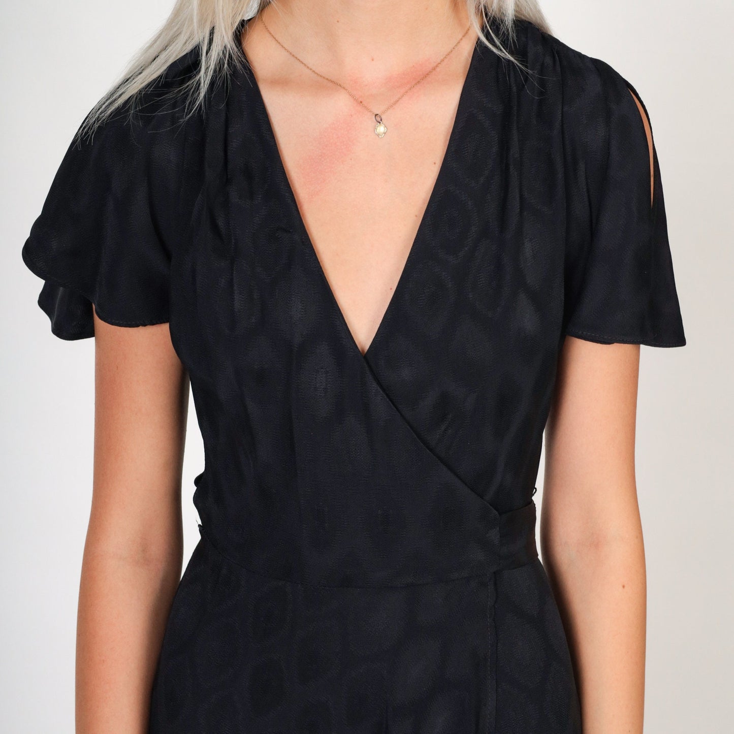 70s Black Grecian Maxi Dress Flutter Sleeve Wrap Deep V Embossed Geometric Extra Small