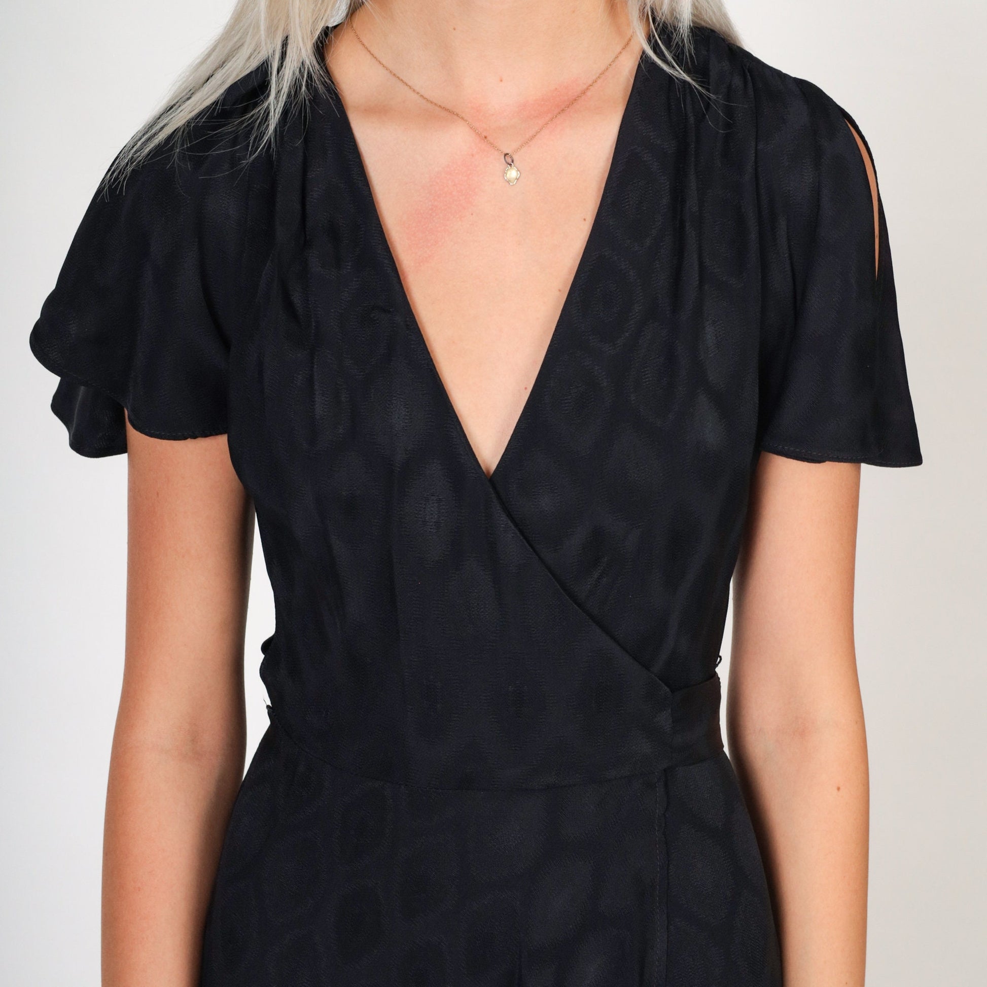 70s Black Grecian Maxi Dress Flutter Sleeve Wrap Deep V Embossed Geometric Extra Small