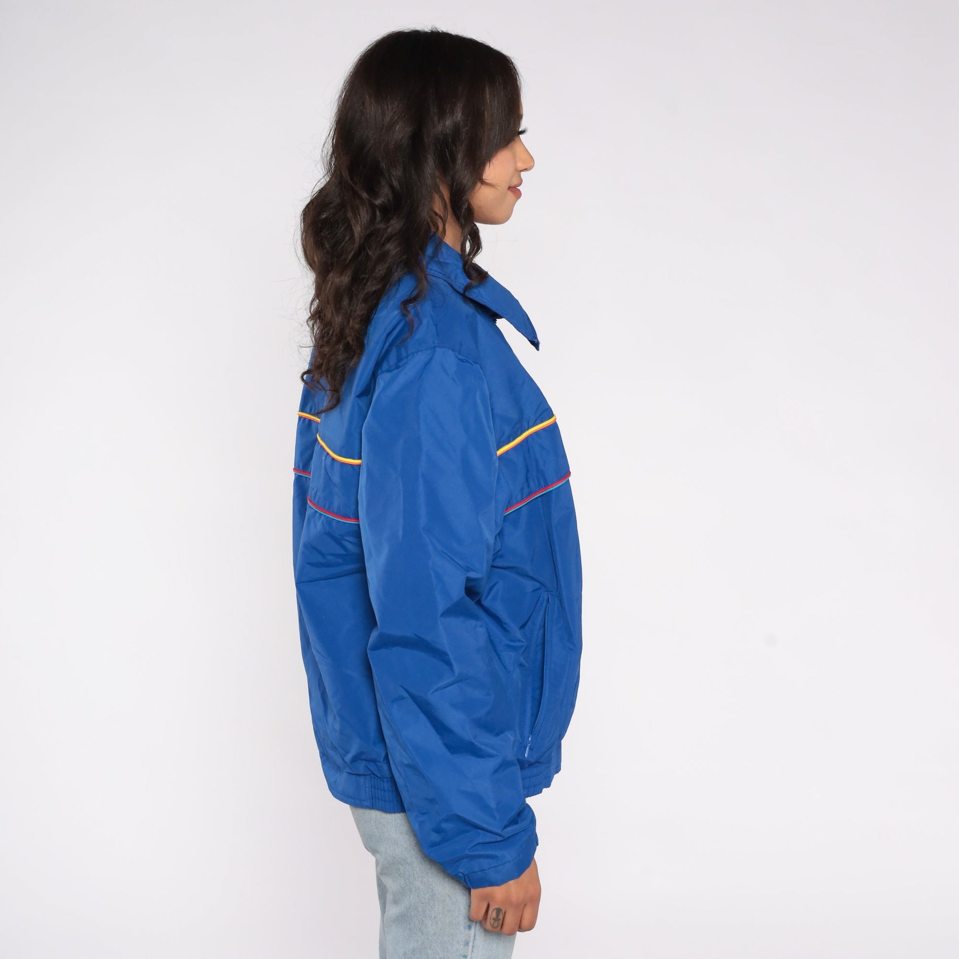 90s Blue Striped Windbreaker Jacket Zip Up Nylon Warmup Large