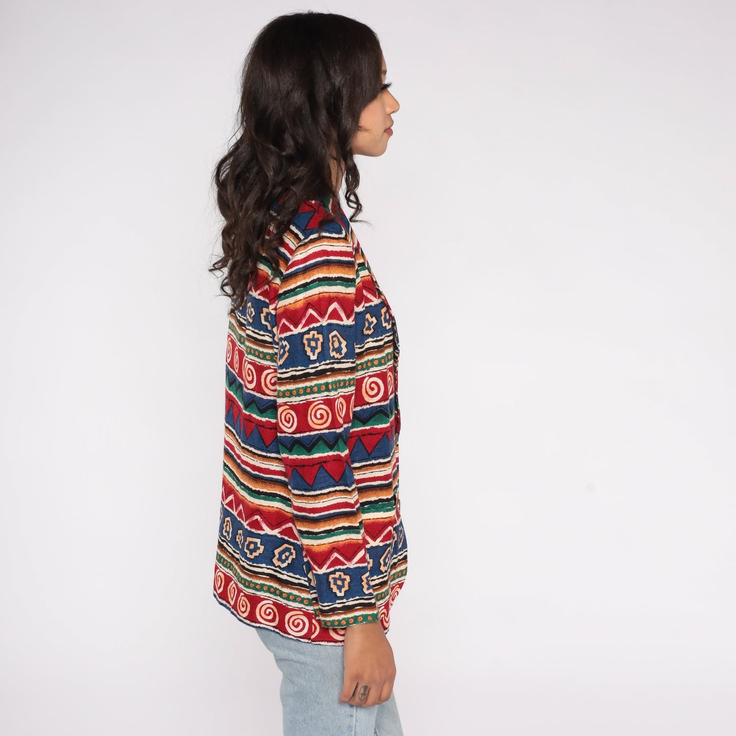 90s Southwestern Striped Blazer Red Blue Geometric Jacket Petite 8
