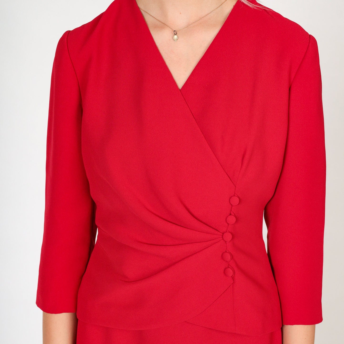 90s Donna Morgan Red Mini Dress Faux Wrap Button Up Floral Embroidered Extra Small