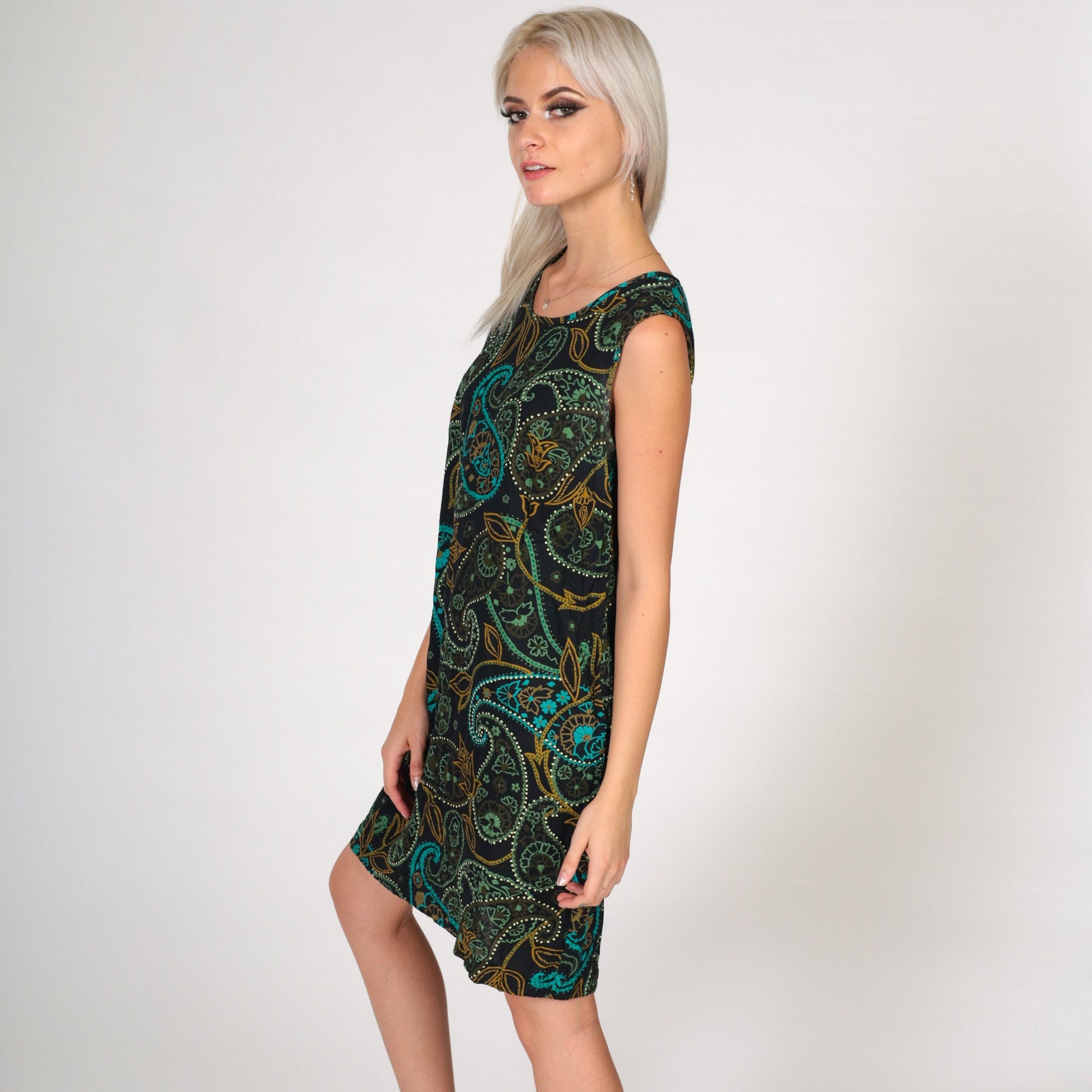 90s Paisley Mini Shift Dress Sleeveless Black Green Medium