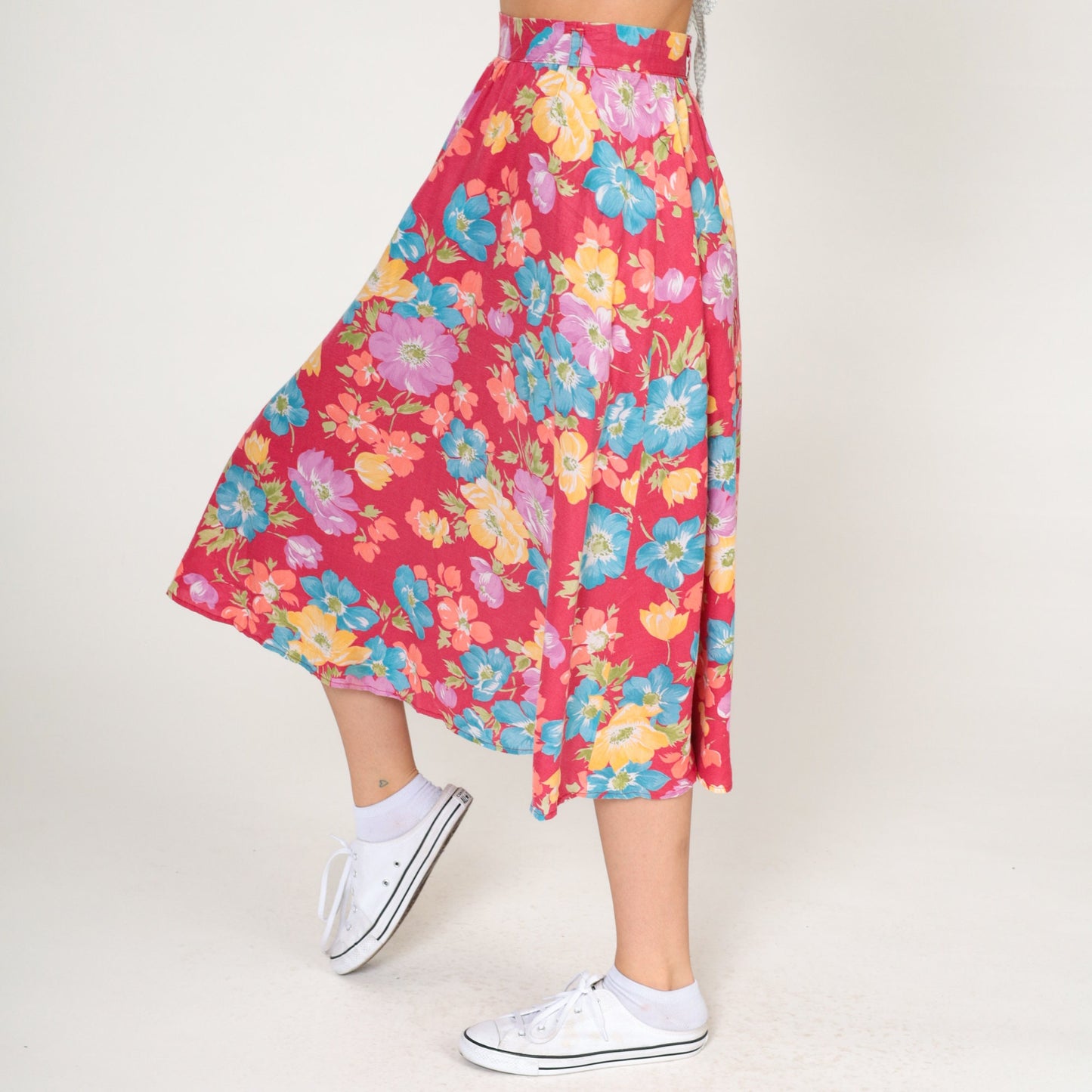 80s Byer California Floral Midi Skirt Red High-Waist Cotton Blend Extra Small