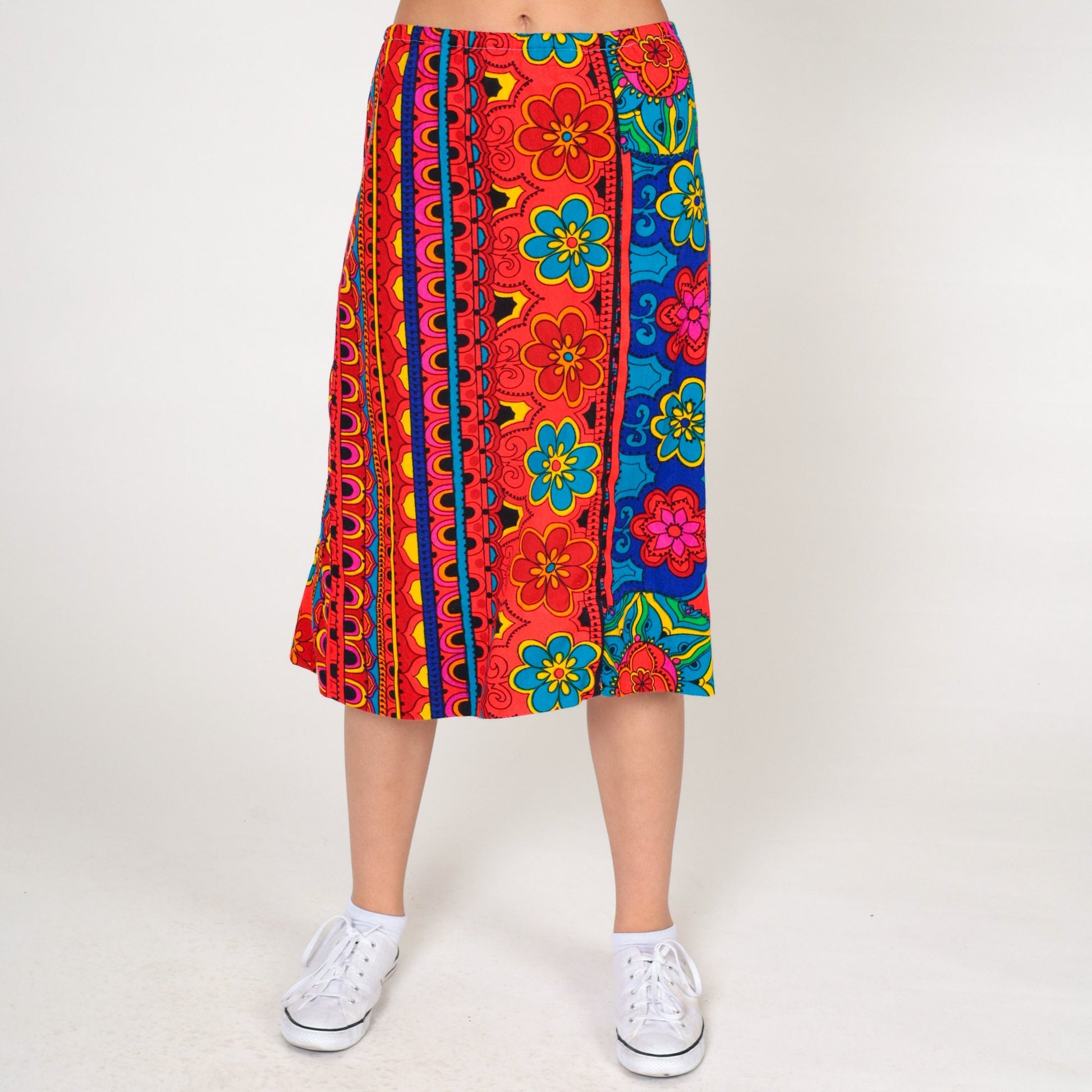 70s Floral Midi Skirt High Waist Blue Orange Striped Plus Size XL