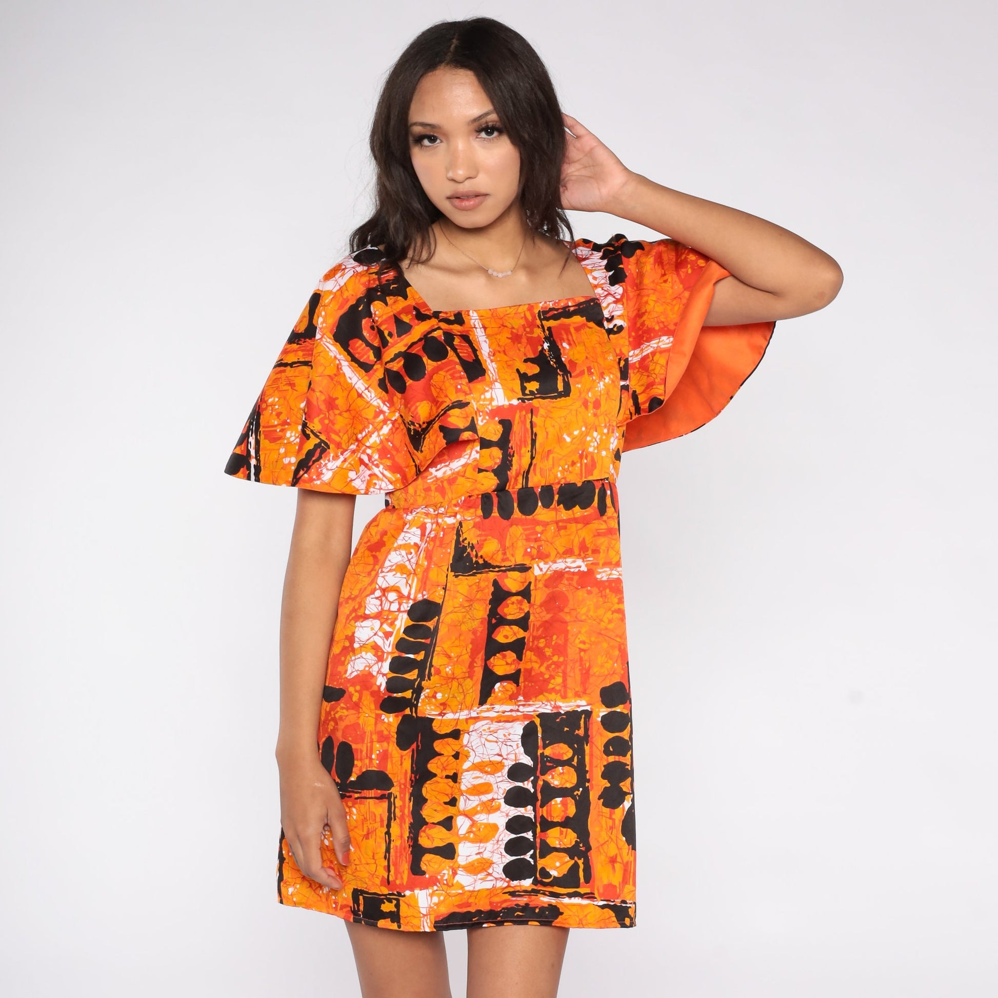 70s Hilo Hattie Hawaiian Mini Dress Orange Tropical Empire Waist Small