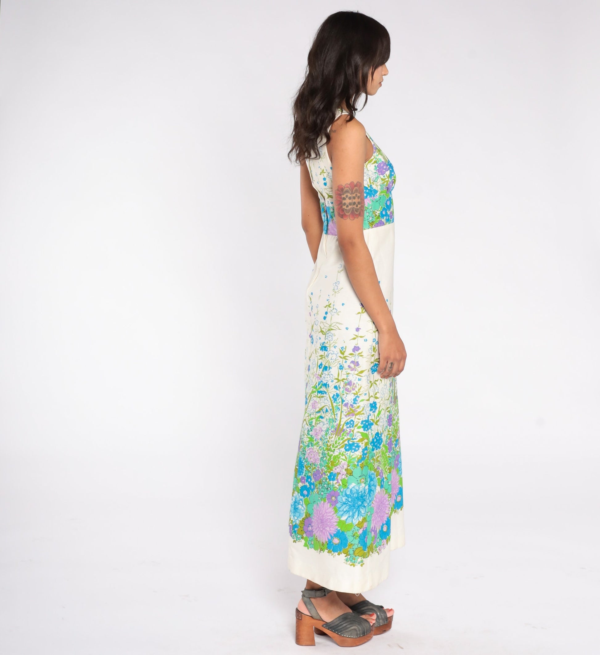 70s Floral Maxi Dress White Empire Waist Sleeveless Side Slit Extra Small