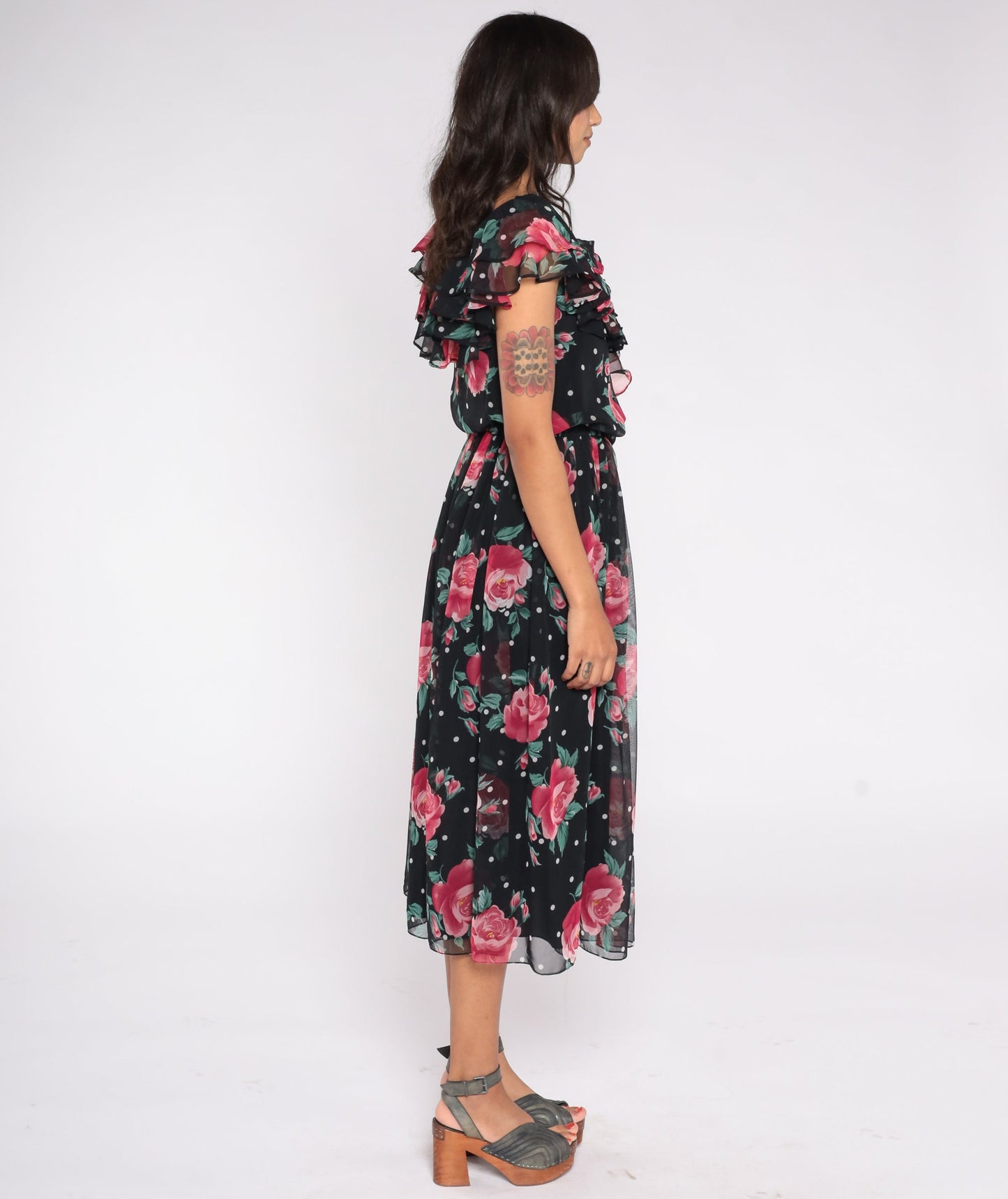 80s Black Floral Chiffon Midi Dress Rose Polka Dot Ruffled Flutter Sleeve Small