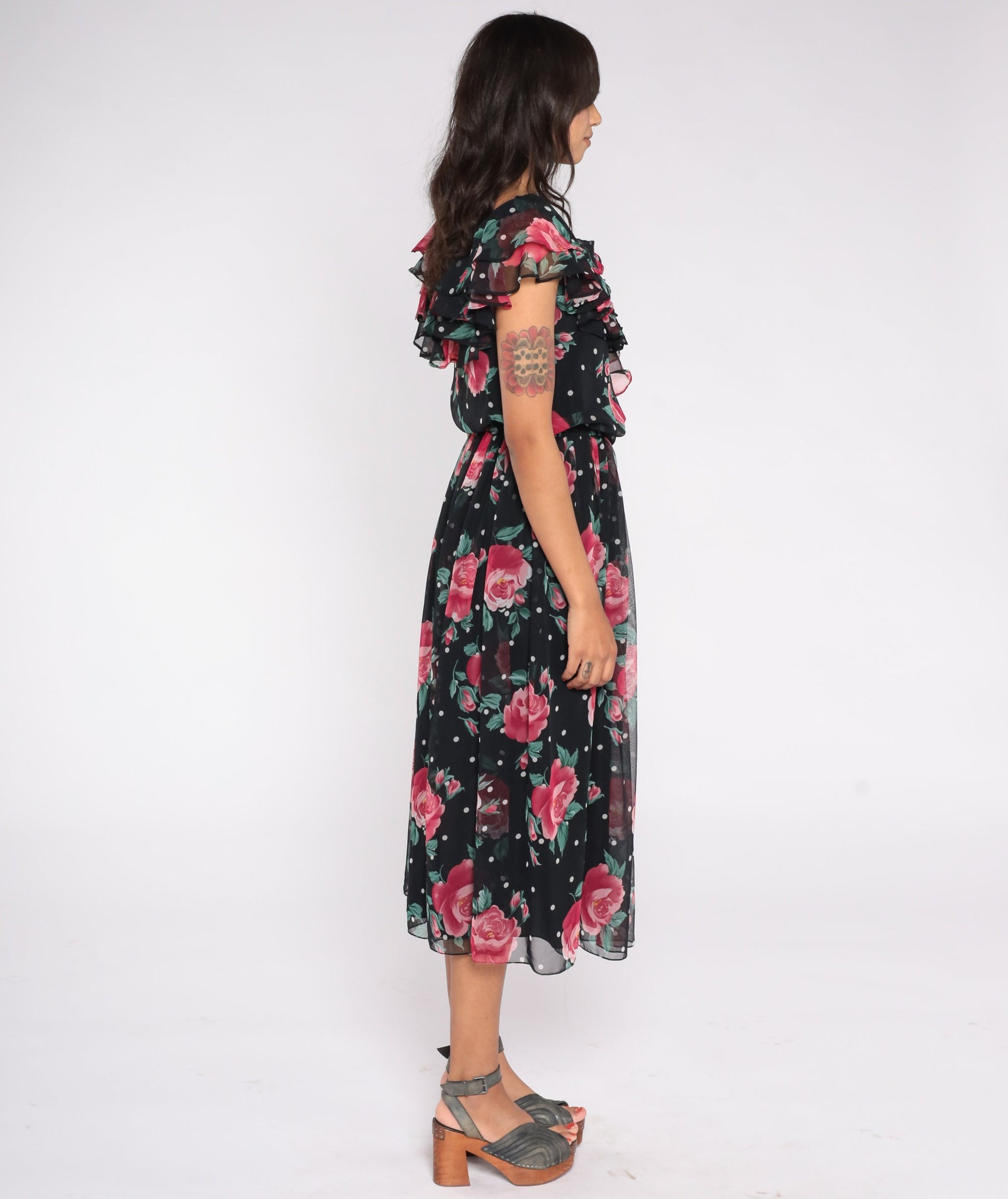 80s Black Floral Chiffon Midi Dress Rose Polka Dot Ruffled Flutter Sleeve Small