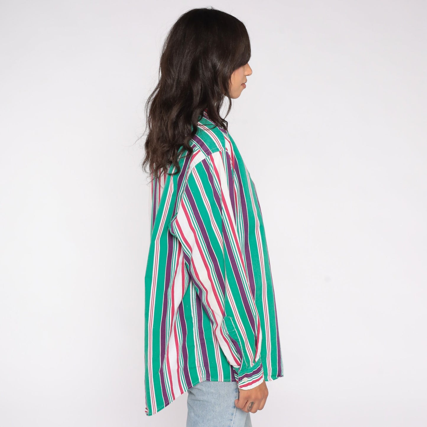 90s Sears Roebuck Striped Cotton Button-Up Shirt Green Purple Extra Large