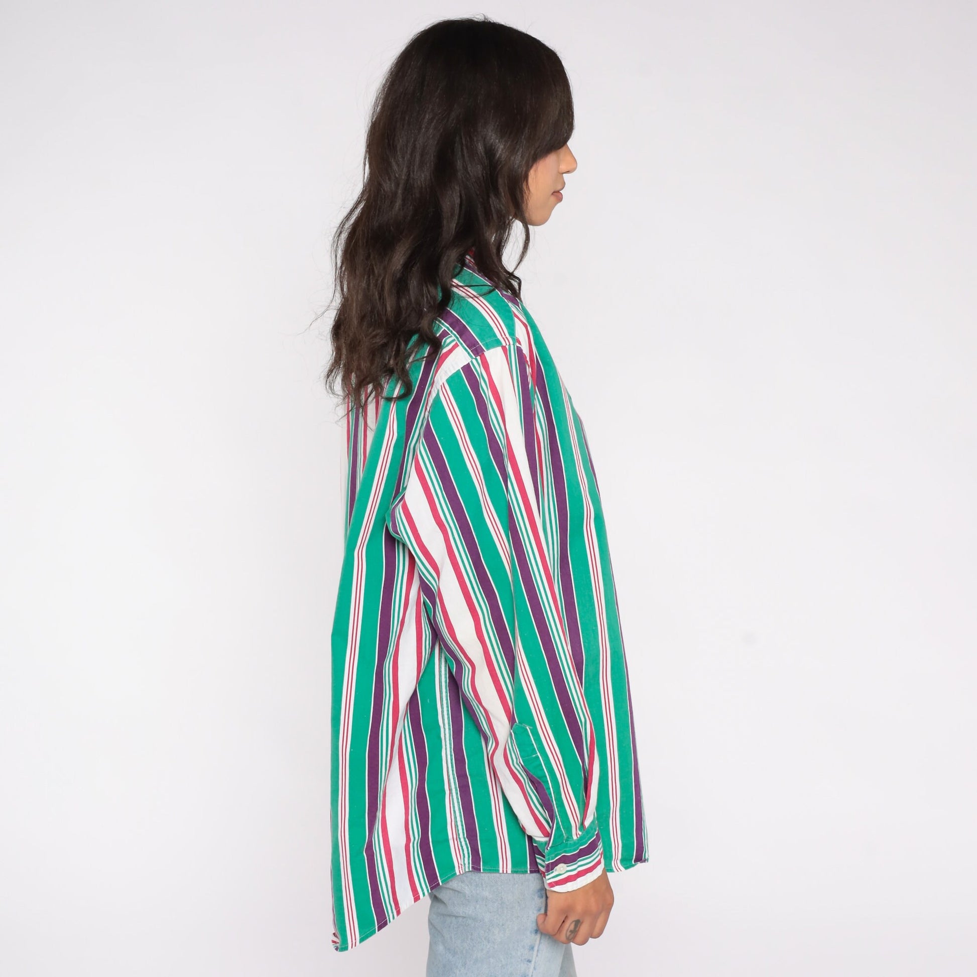 90s Sears Roebuck Striped Cotton Button-Up Shirt Green Purple Extra Large