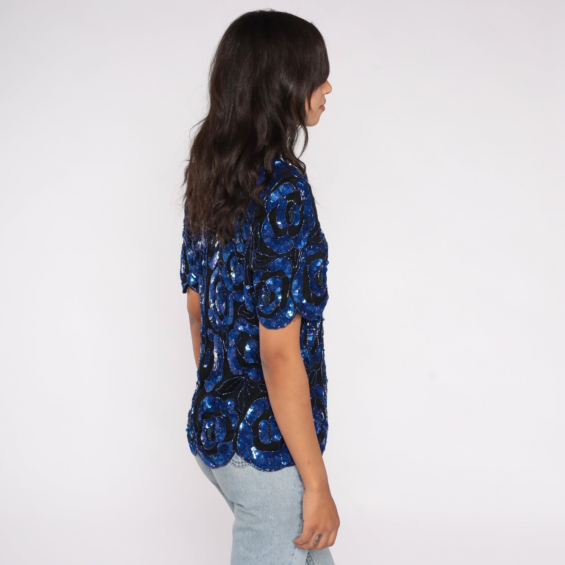90s Black Silk Sequin Blouse Floral Beaded Short Sleeve Medium M
