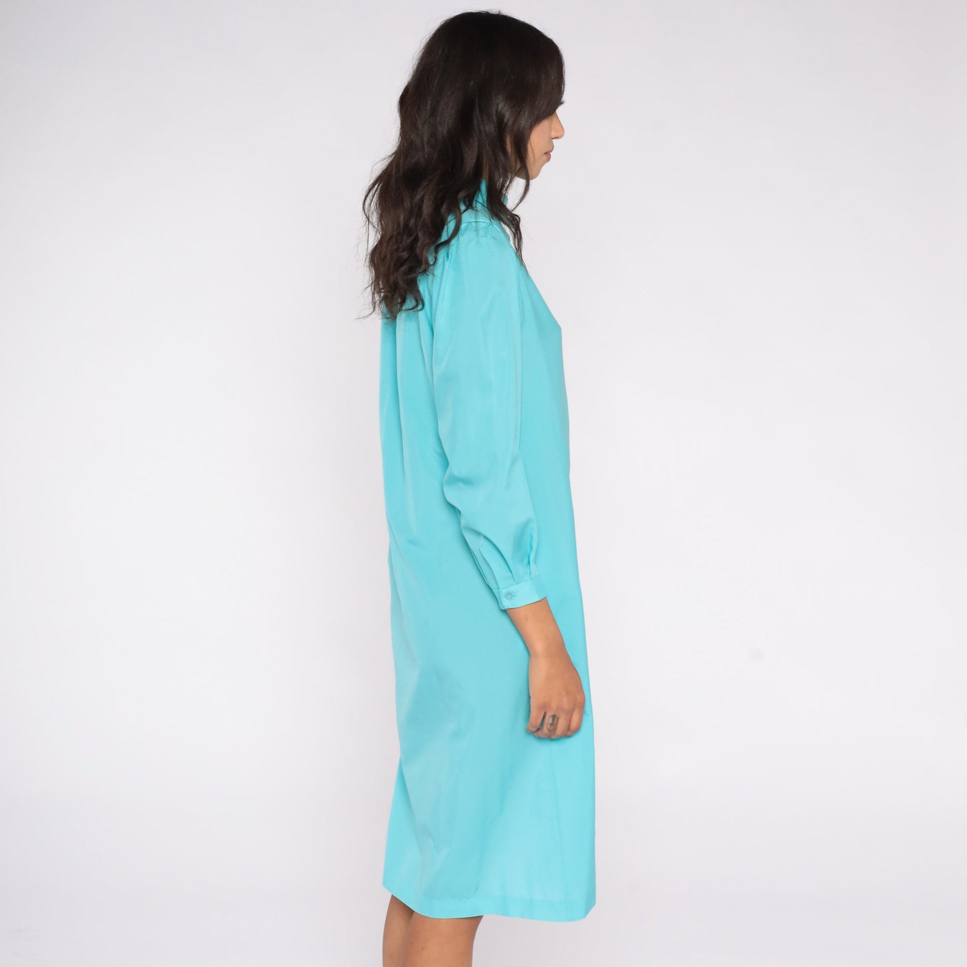 80s Spiegel Puff Sleeve Midi Shirtdress Turquoise Button-Up Medium 8
