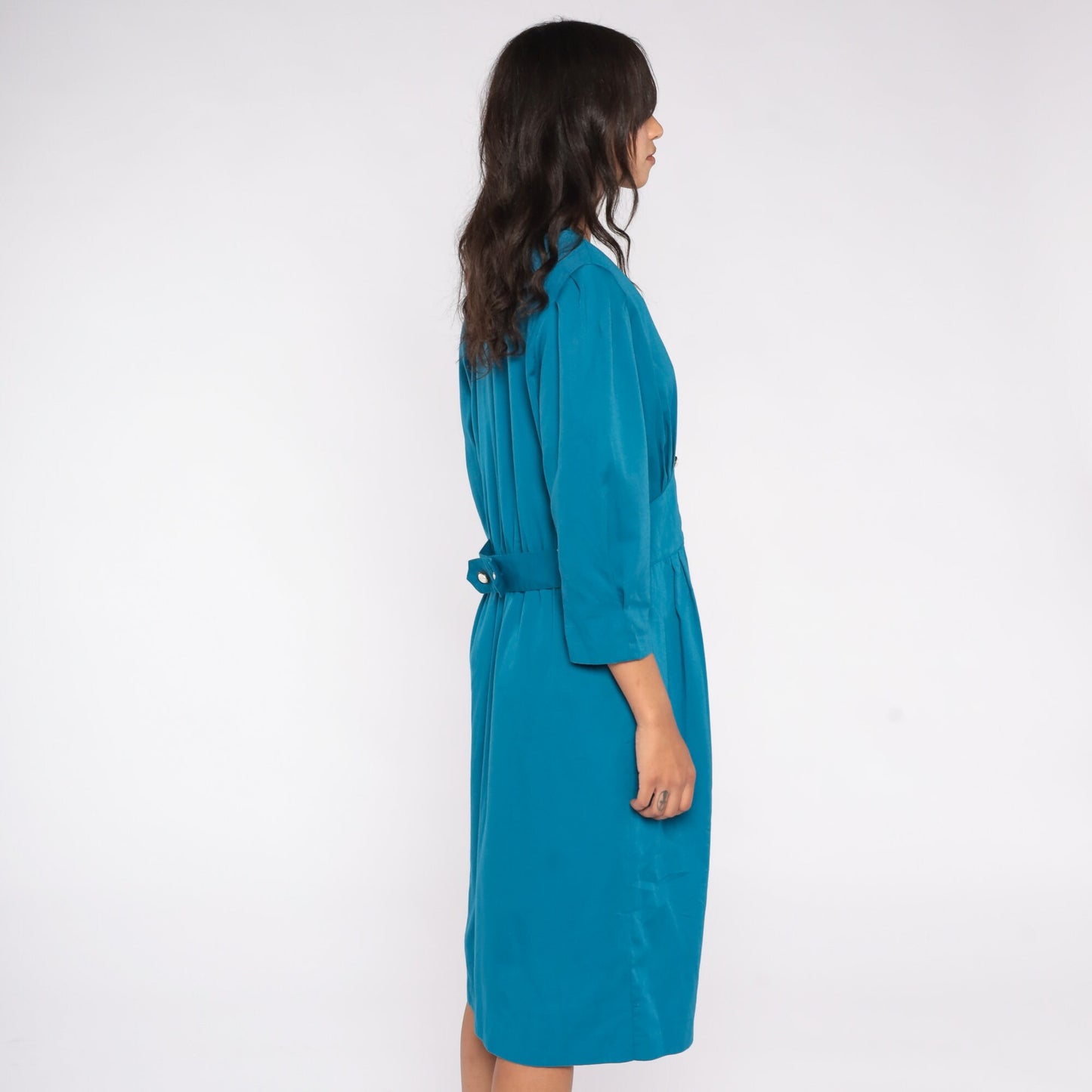 80s Stuart Alan Blue Midi Shift Dress Double Breasted Puff Sleeve Medium