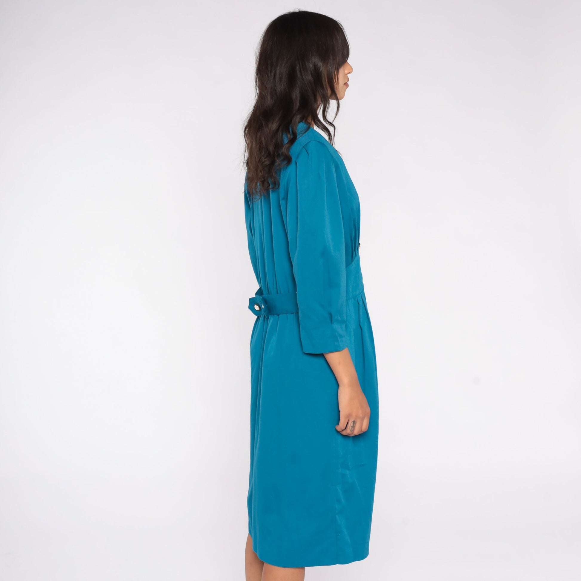 80s Stuart Alan Blue Midi Shift Dress Double Breasted Puff Sleeve Medium
