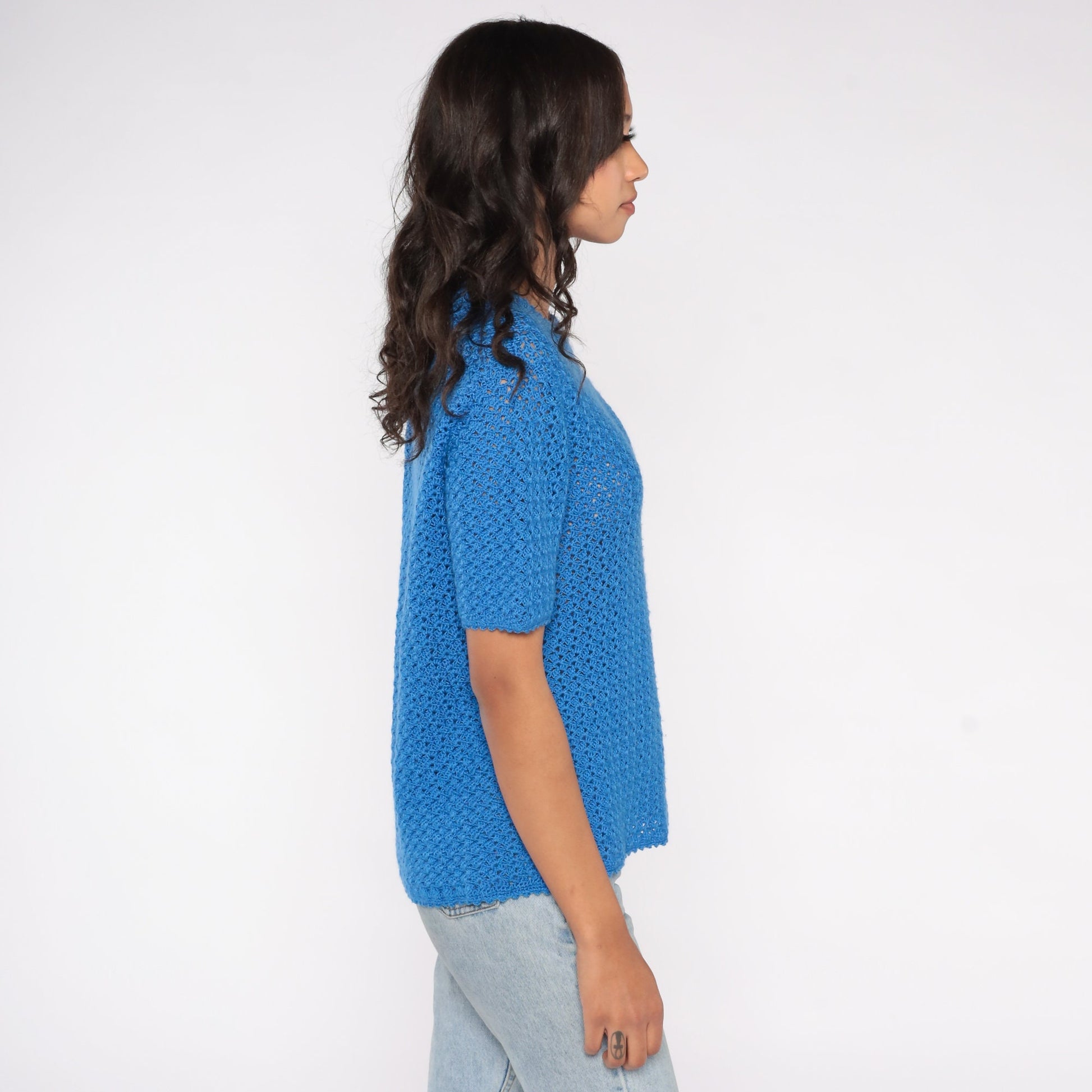 70s Blue Crochet Blouse Open Weave Short Sleeve Sheer Top Medium