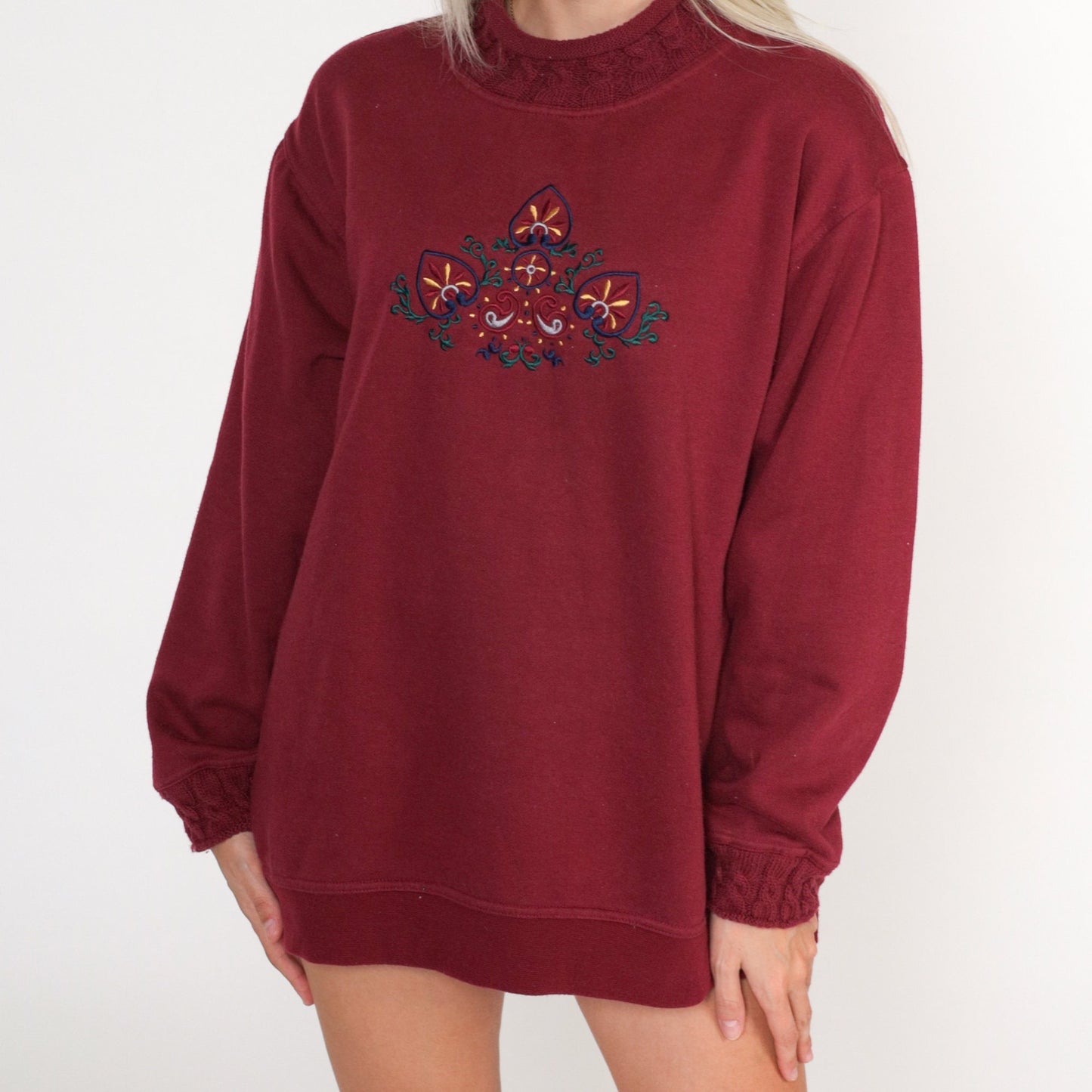 90s Hunt Club Embroidered Leaf Sweatshirt Burgundy Paisley Crewneck Large