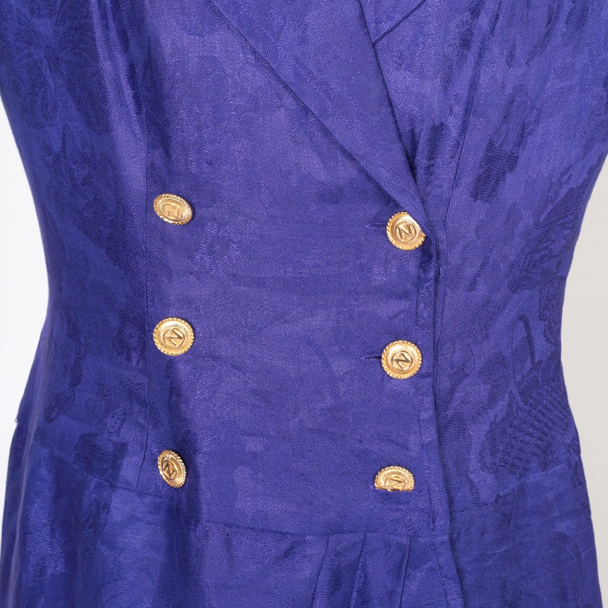 80s Albert Nipon Purple Linen Midi Dress Embossed Floral Wrap Button-Up Puff Sleeve Medium 8