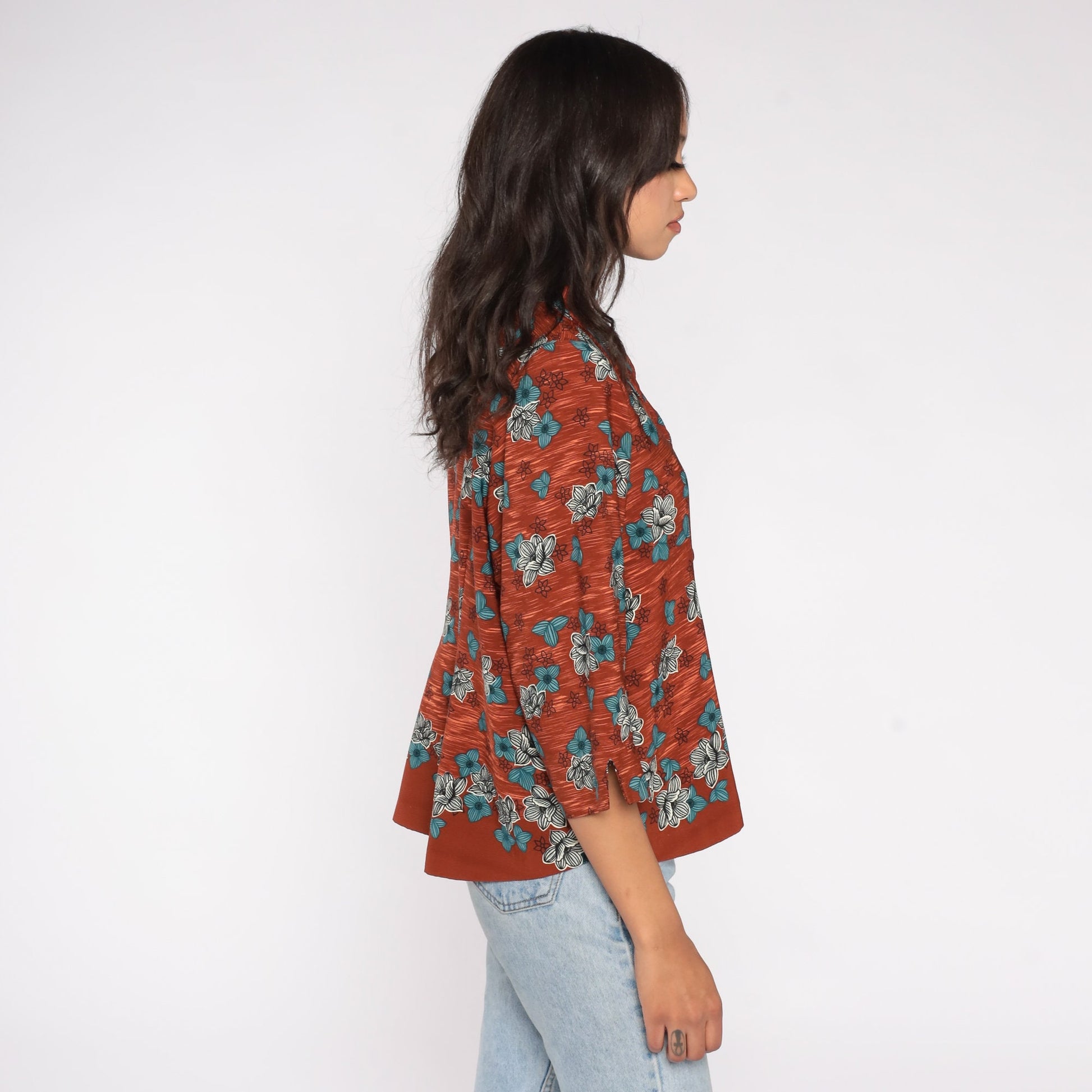 80s Floral Button-Up Blouse Brown Burnt Orange Flower Print 3/4 Sleeve Medium