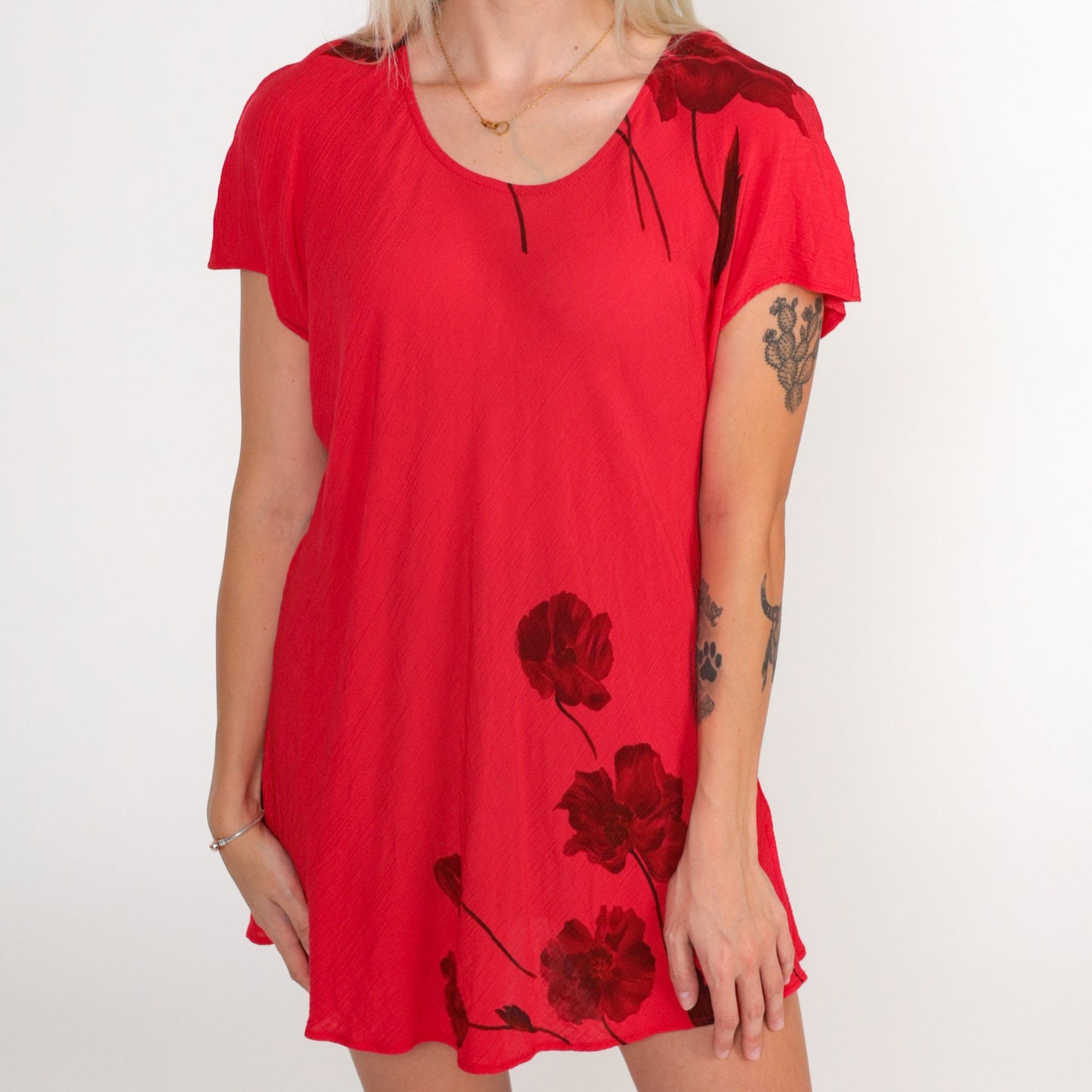 90s Red Floral Mini Dress Scoop Neck Short Sleeve Medium