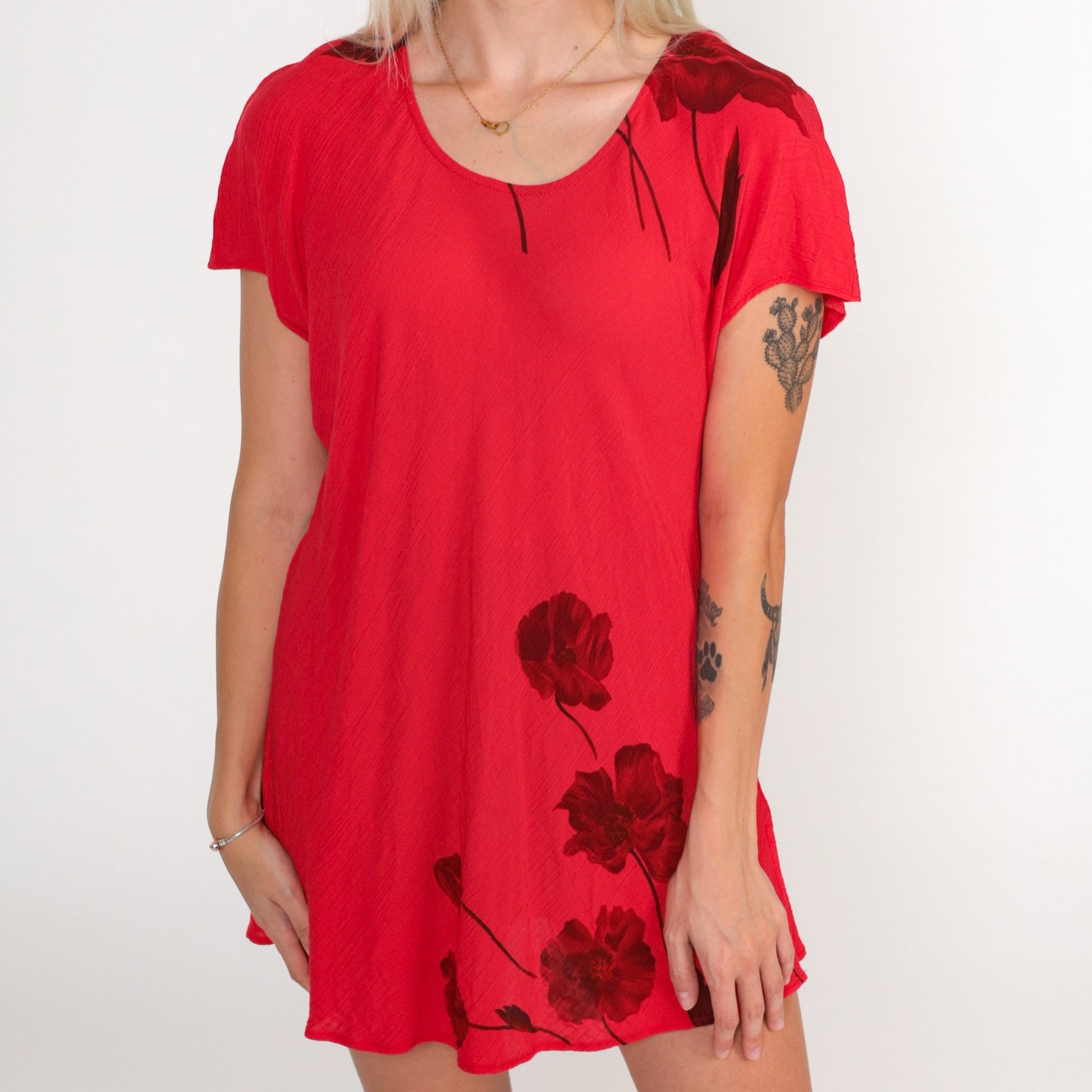 90s Red Floral Mini Dress Scoop Neck Short Sleeve Medium