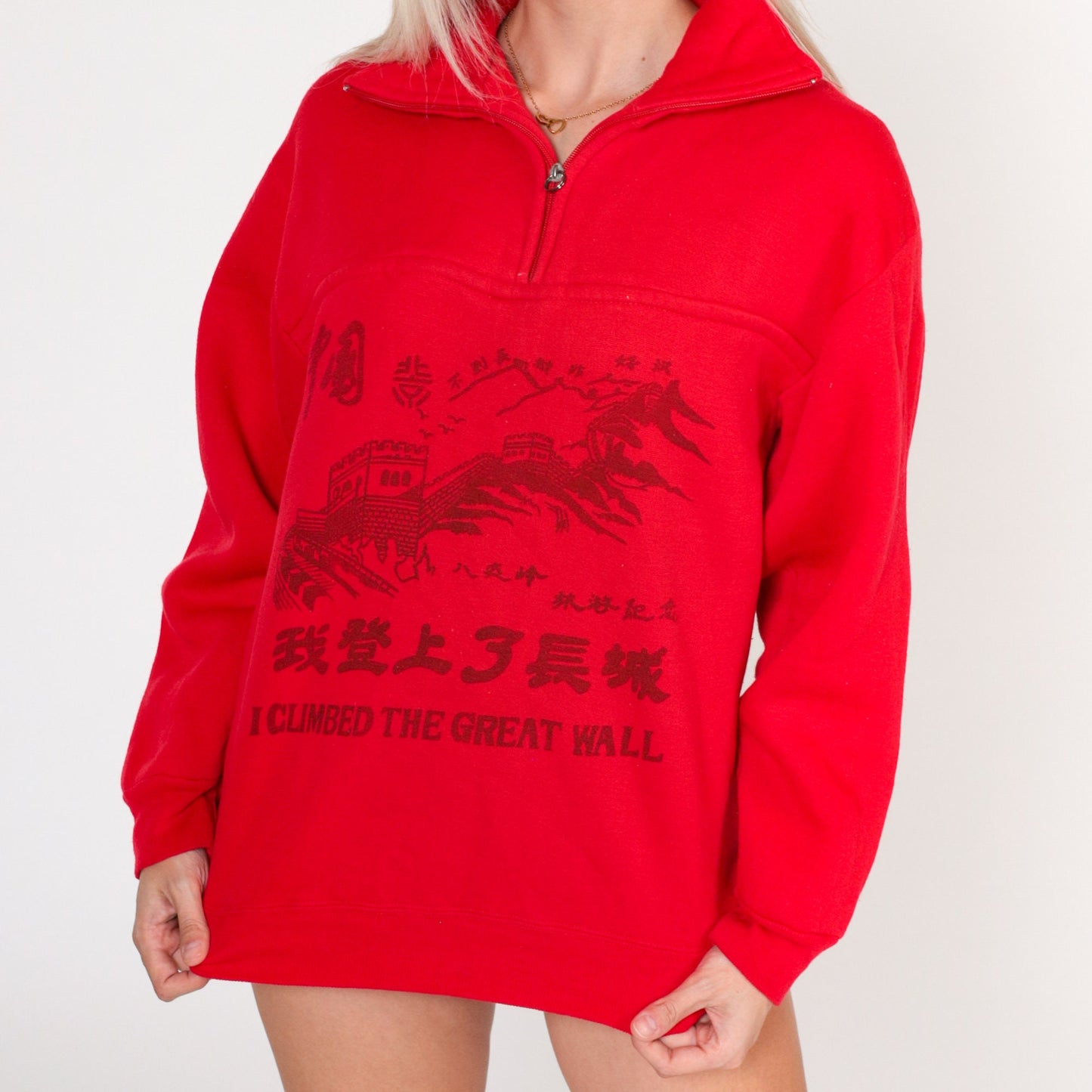 80s Great Wall of China Sweatshirt Quarter Zip White Graphic Medium