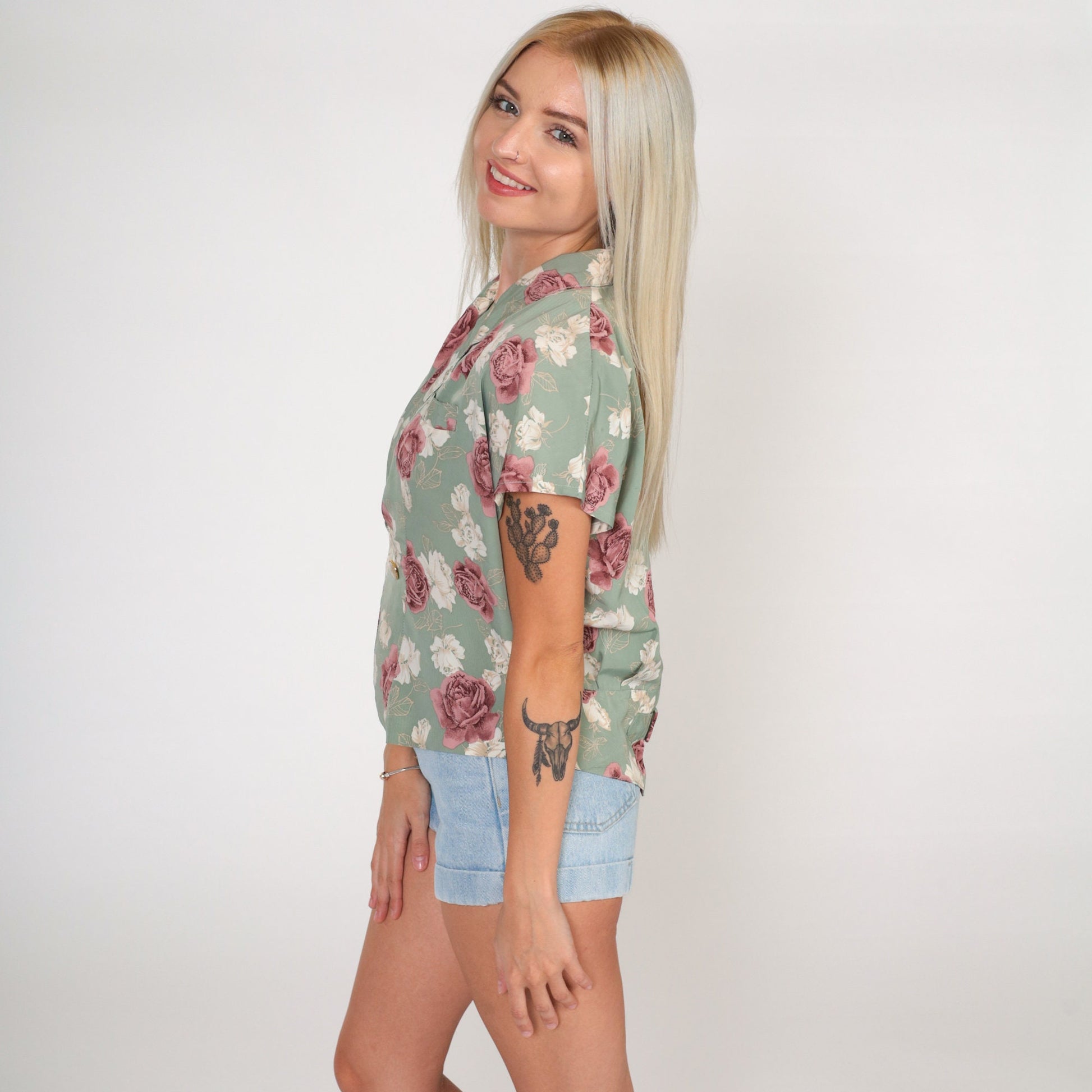 90s Floral Wrap Blouse Green Flower Print Button-Up Cap Sleeve Large