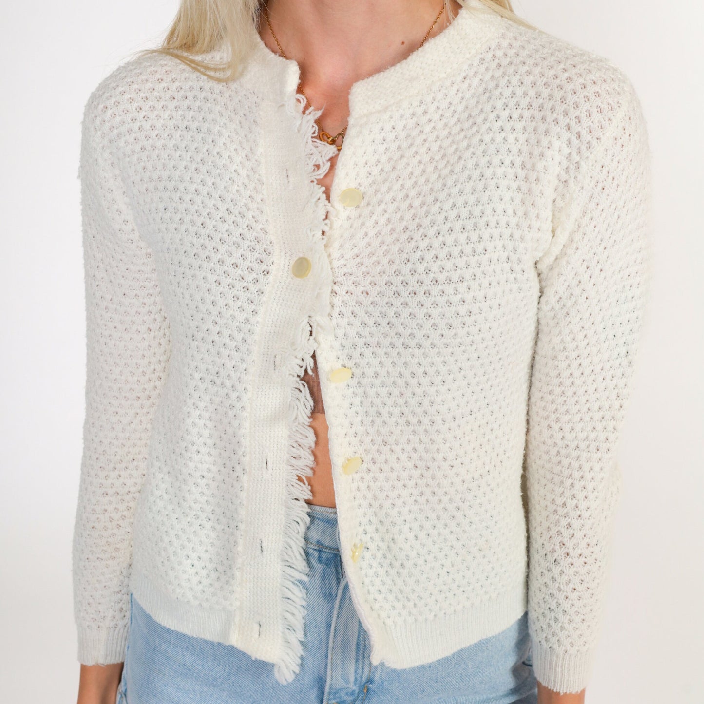 1960s White Pointelle Cardigan Button-Up Knit Fringe Trim Extra Extra Small XXS