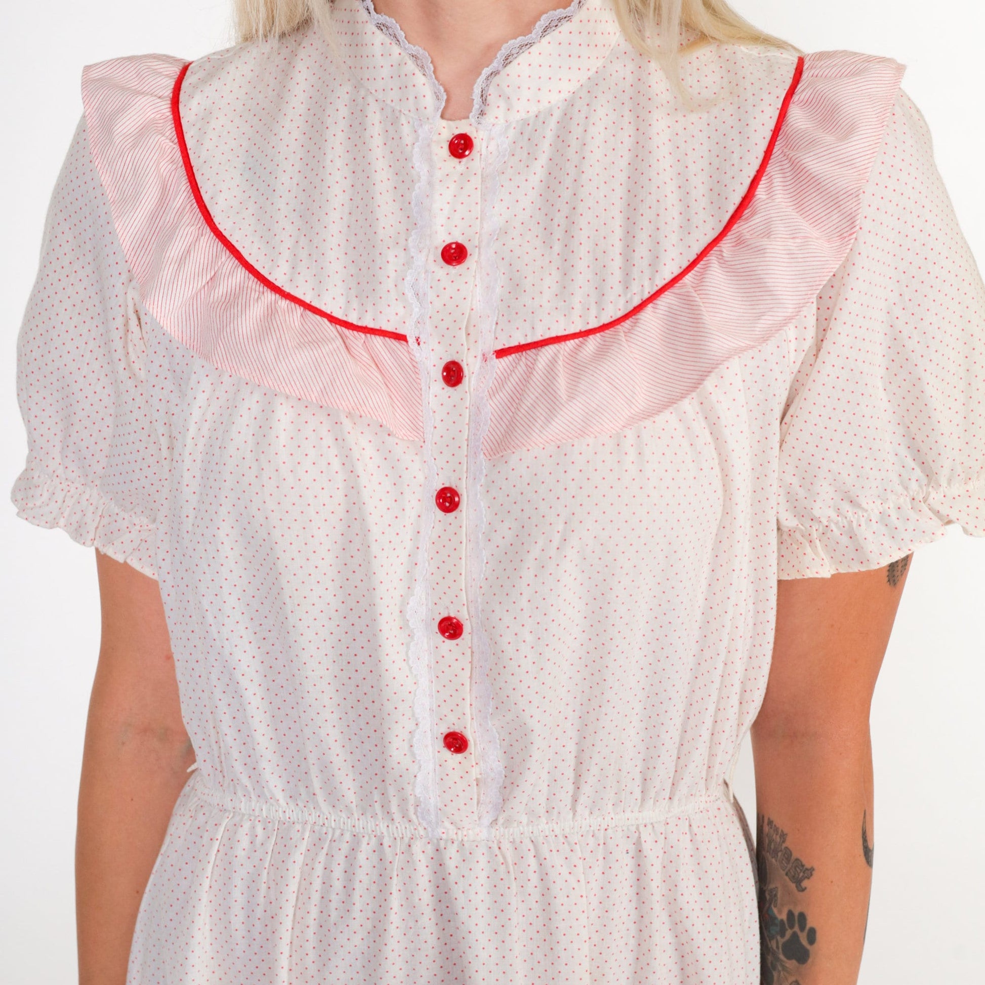 70s White Red Polka Dot Prairie Dress Puff Sleeve High Waist Button Front Small