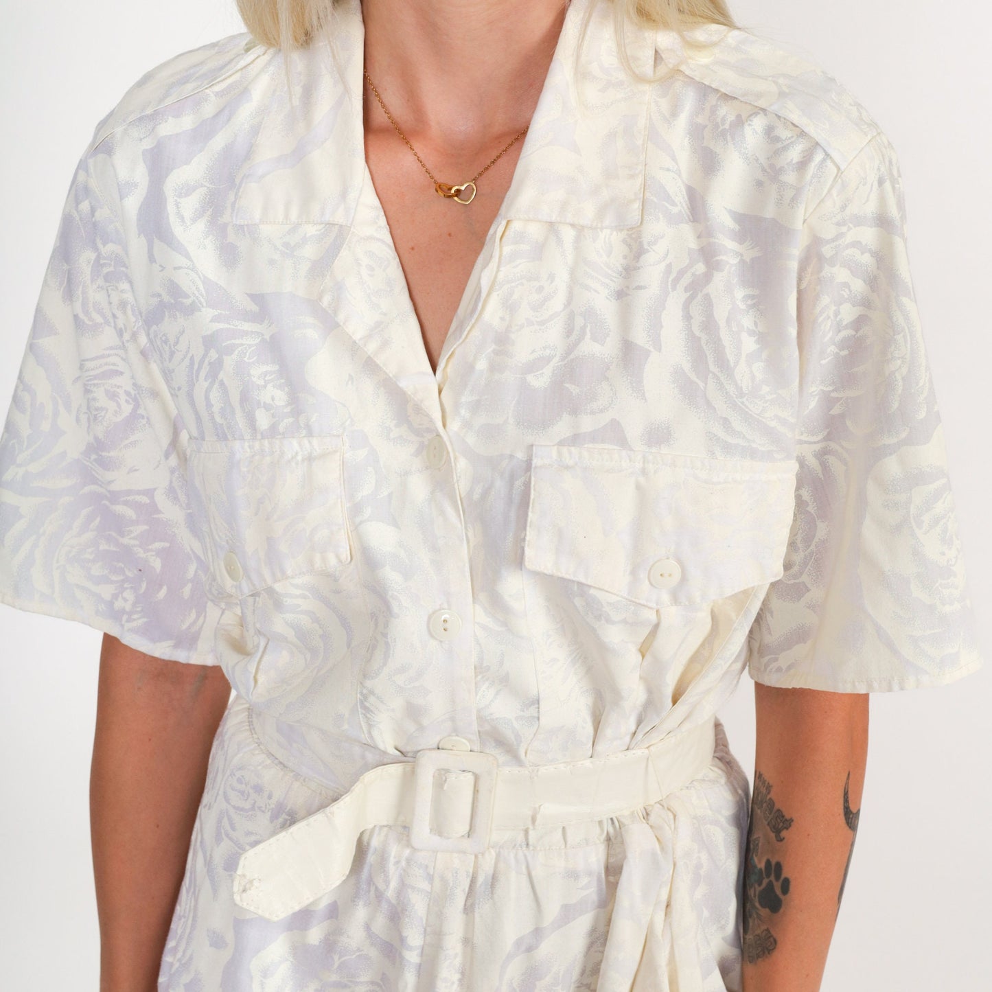 80s Floral Mini Shirtdress Cream White High Waisted Button Up Cotton Medium