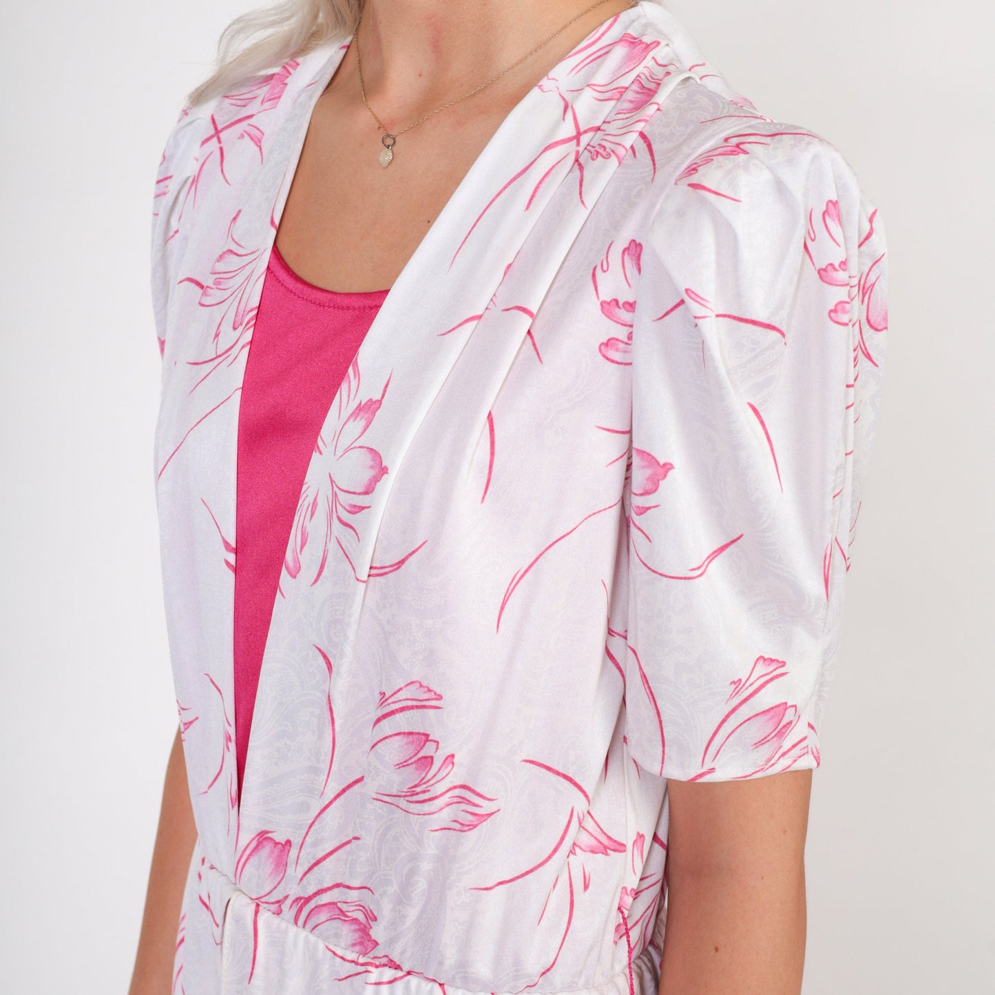 80s Pink Floral Midi Dress with Attached White Blouse Puff Sleeve Small